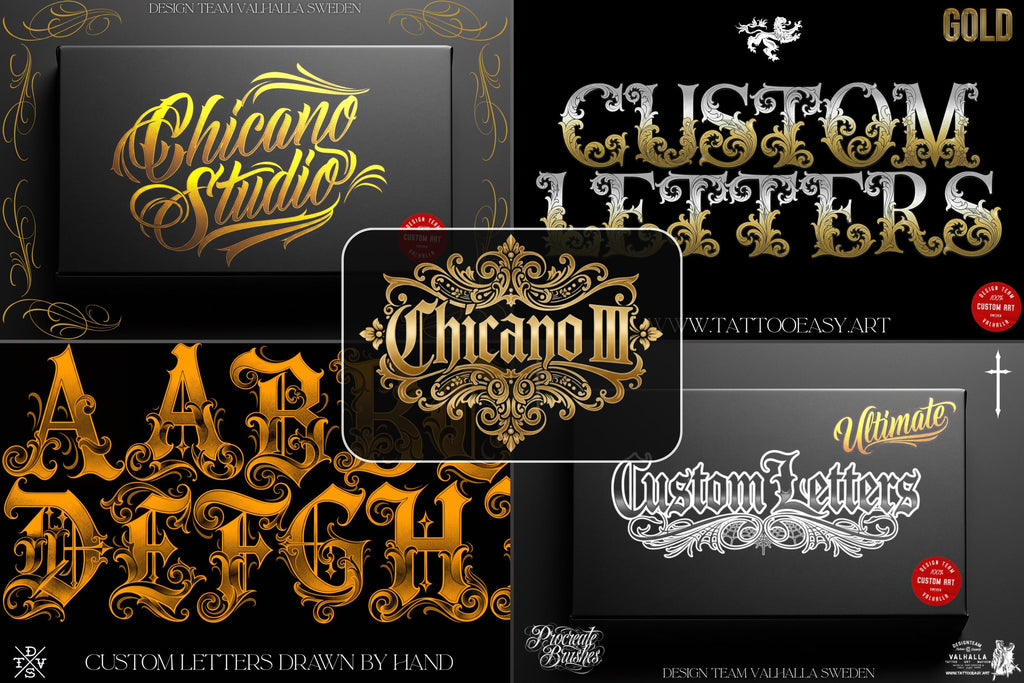 Procreate Tattoo Lettering Kit, Chicano Blackletter Fonts, 1200+ Stamps & Brushes