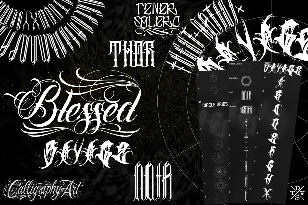 Procreate Tattoo Lettering Kit, Chicano Blackletter Fonts, 1200+ Stamps & Brushes