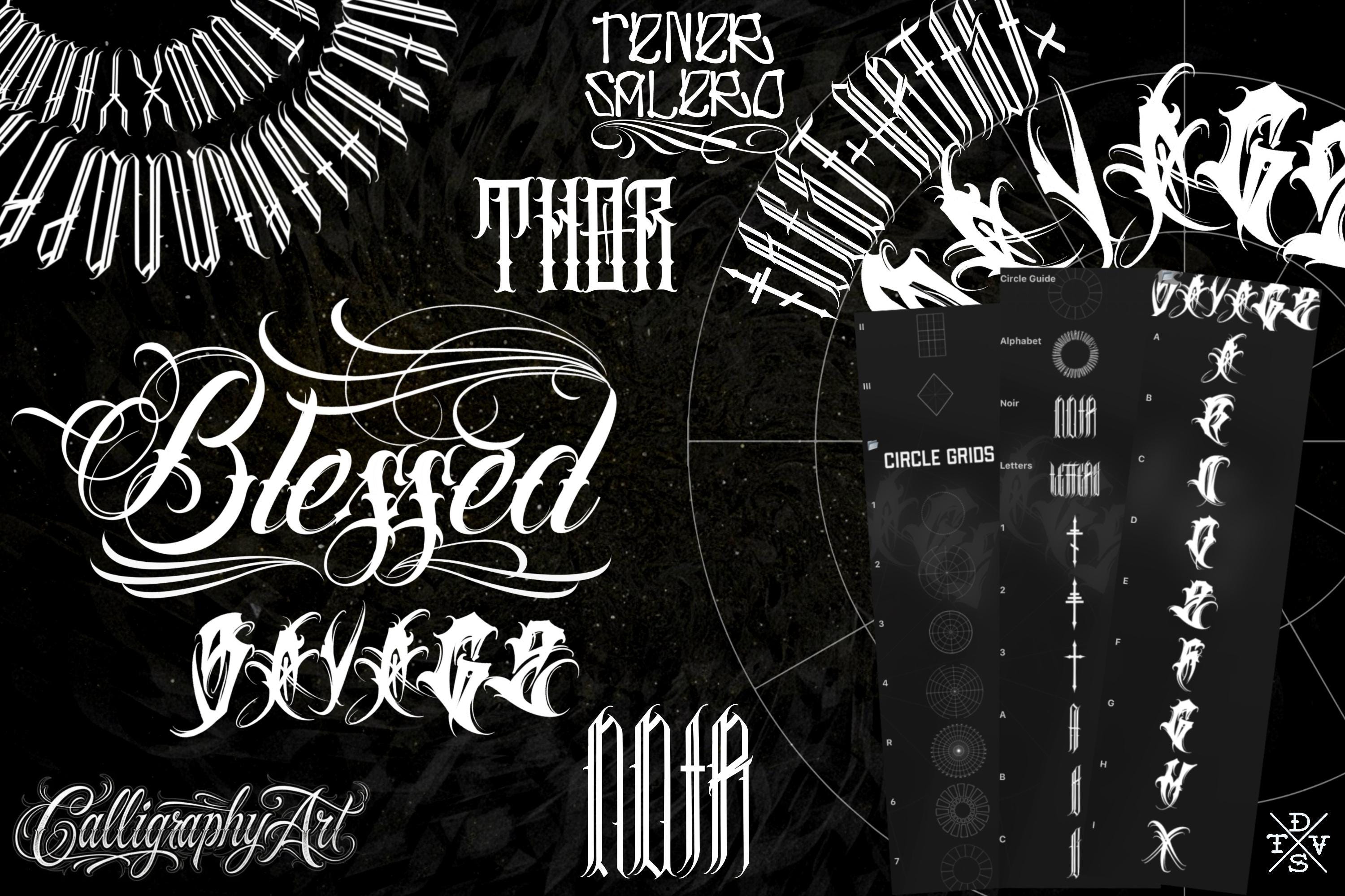 Procreate Tattoo Lettering Kit, Chicano Blackletter Fonts, 1200+ Stamps & Brushes