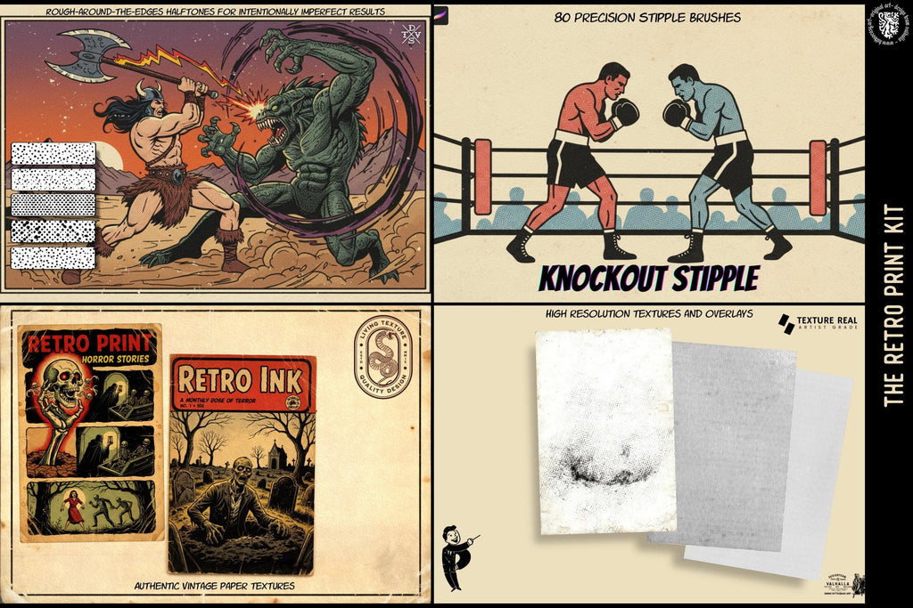 The Retro print kit - 5 Bundles in 1, custom brushes & textures for Procreate