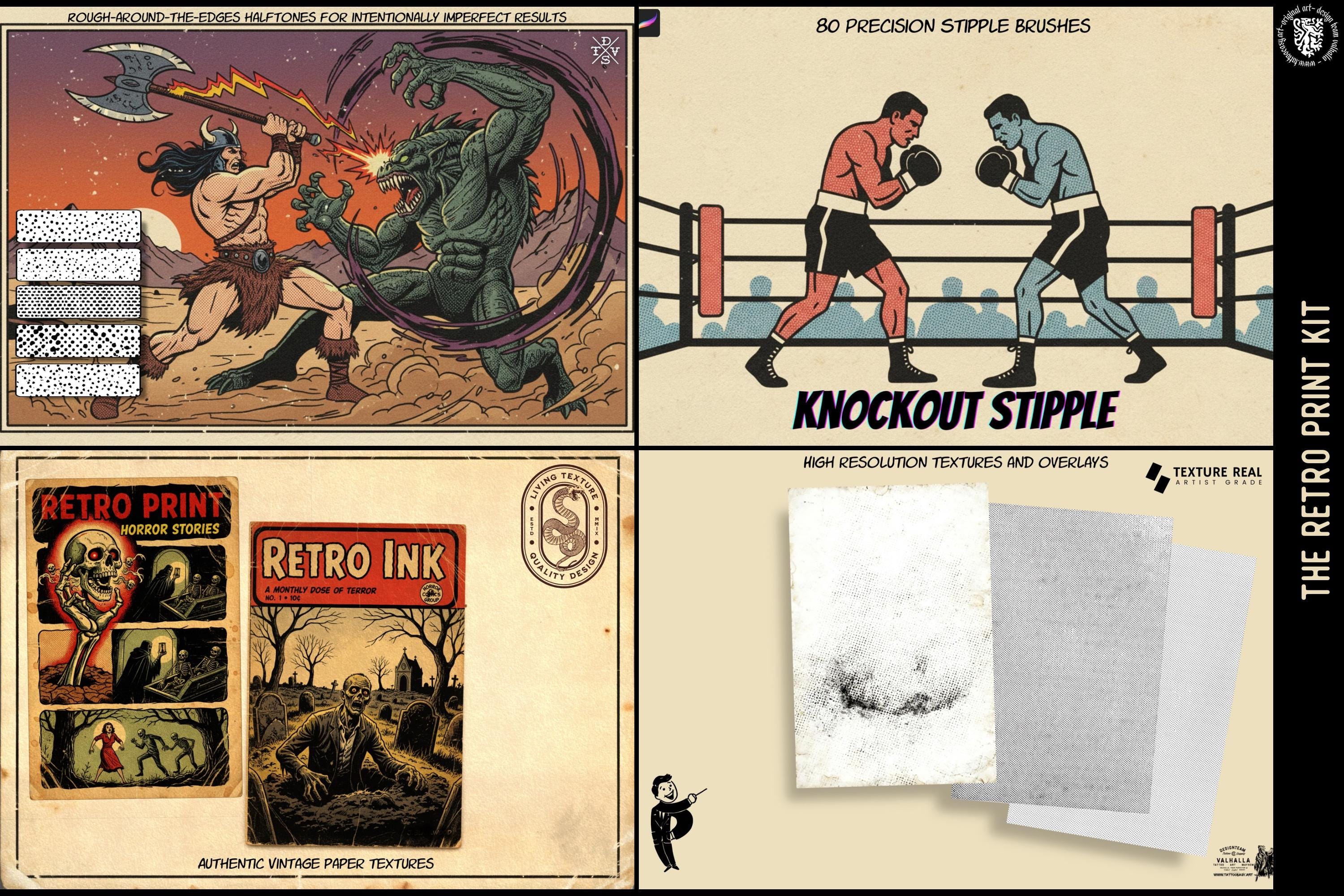 The Retro print kit - 5 Bundles in 1, custom brushes & textures for Procreate