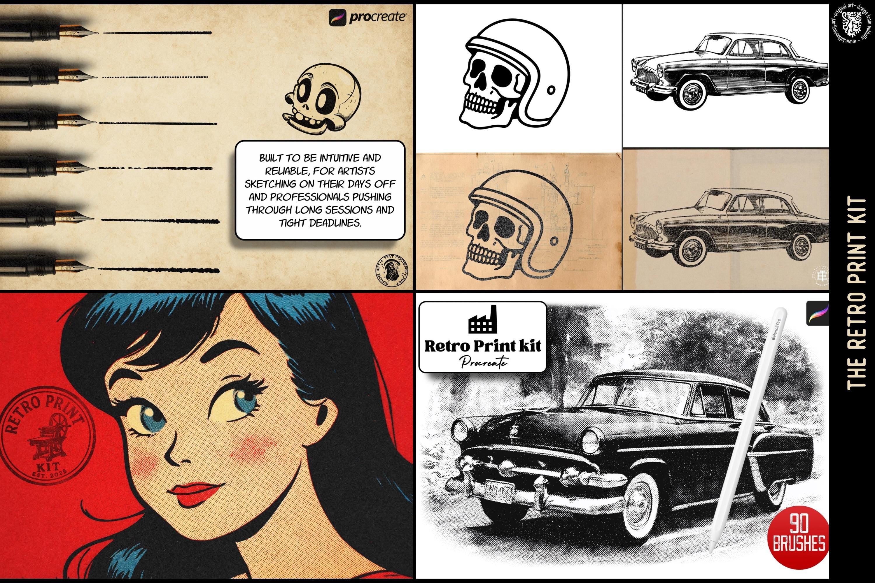 The Retro print kit - 5 Bundles in 1, custom brushes & textures for Procreate