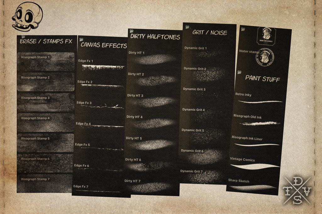 The Retro print kit - 5 Bundles in 1, custom brushes & textures for Procreate