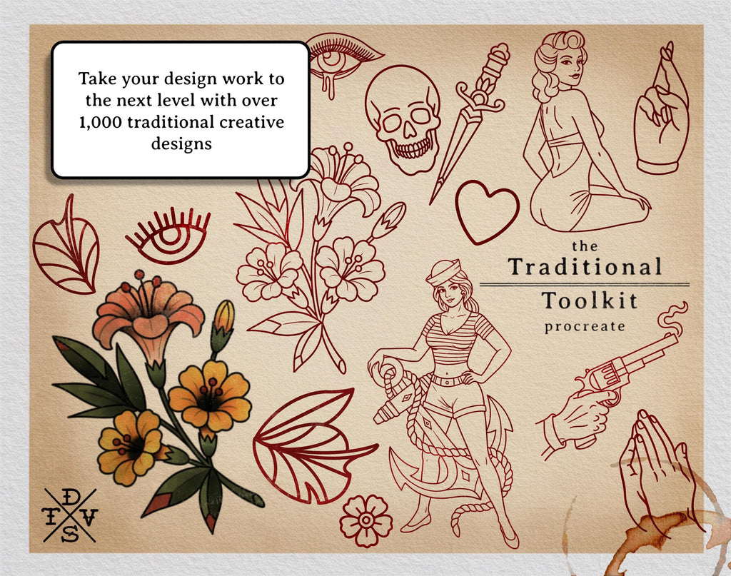 Traditional Tattoo Toolkit for Procreate, Build Your Own Designs, American Traditional Flash Brush Set