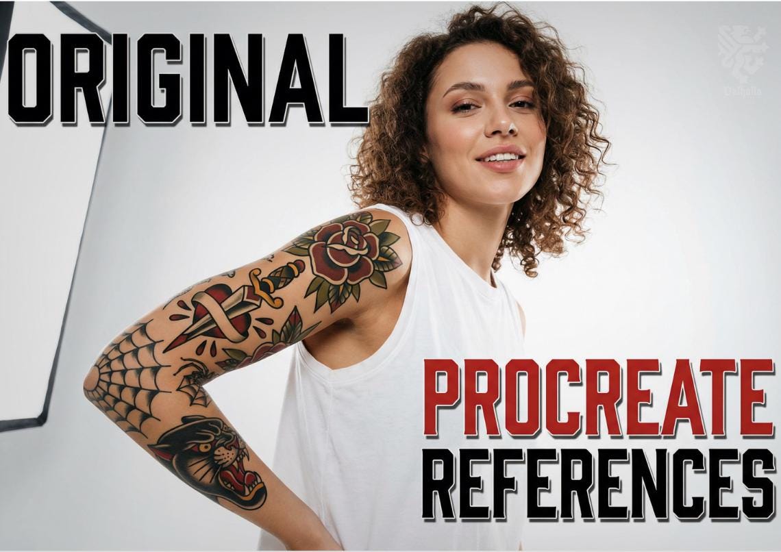 Neo-Traditional Tattoo References, Procreate Stamps & Flash Art, Procreate/Photoshop 300+