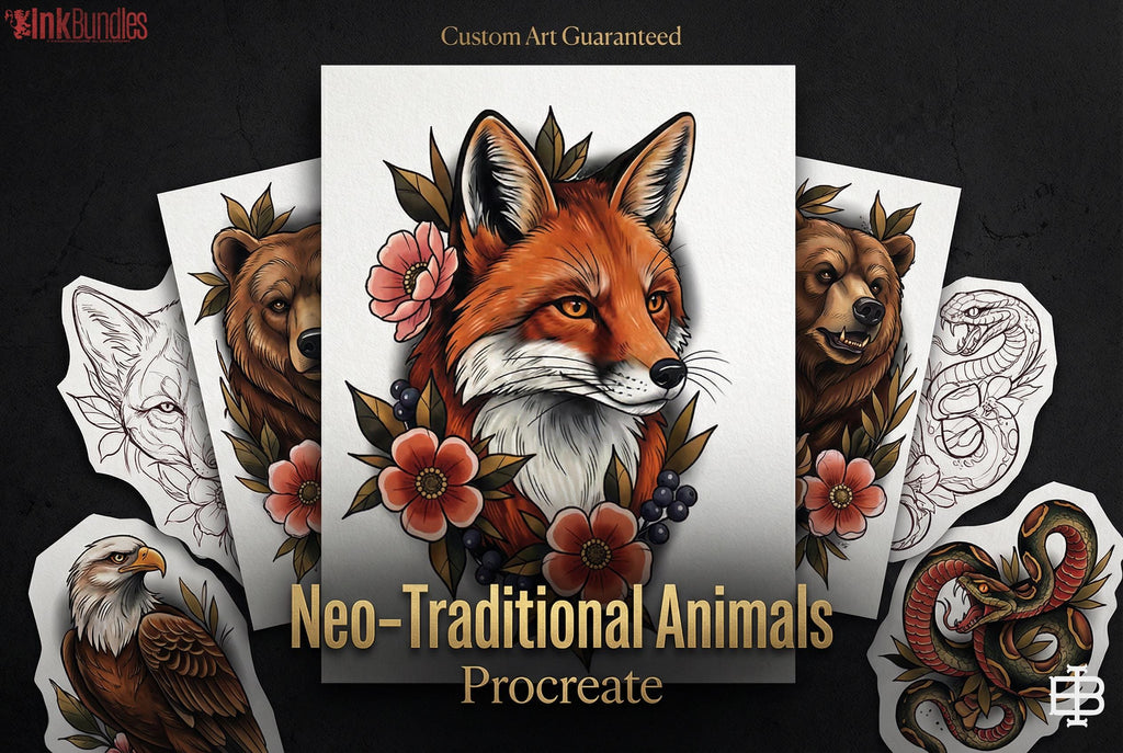 Neo Traditional Animal Tattoo Design Reference Kit, Procreate Brushset & PNG, Flash Stamps for Artists