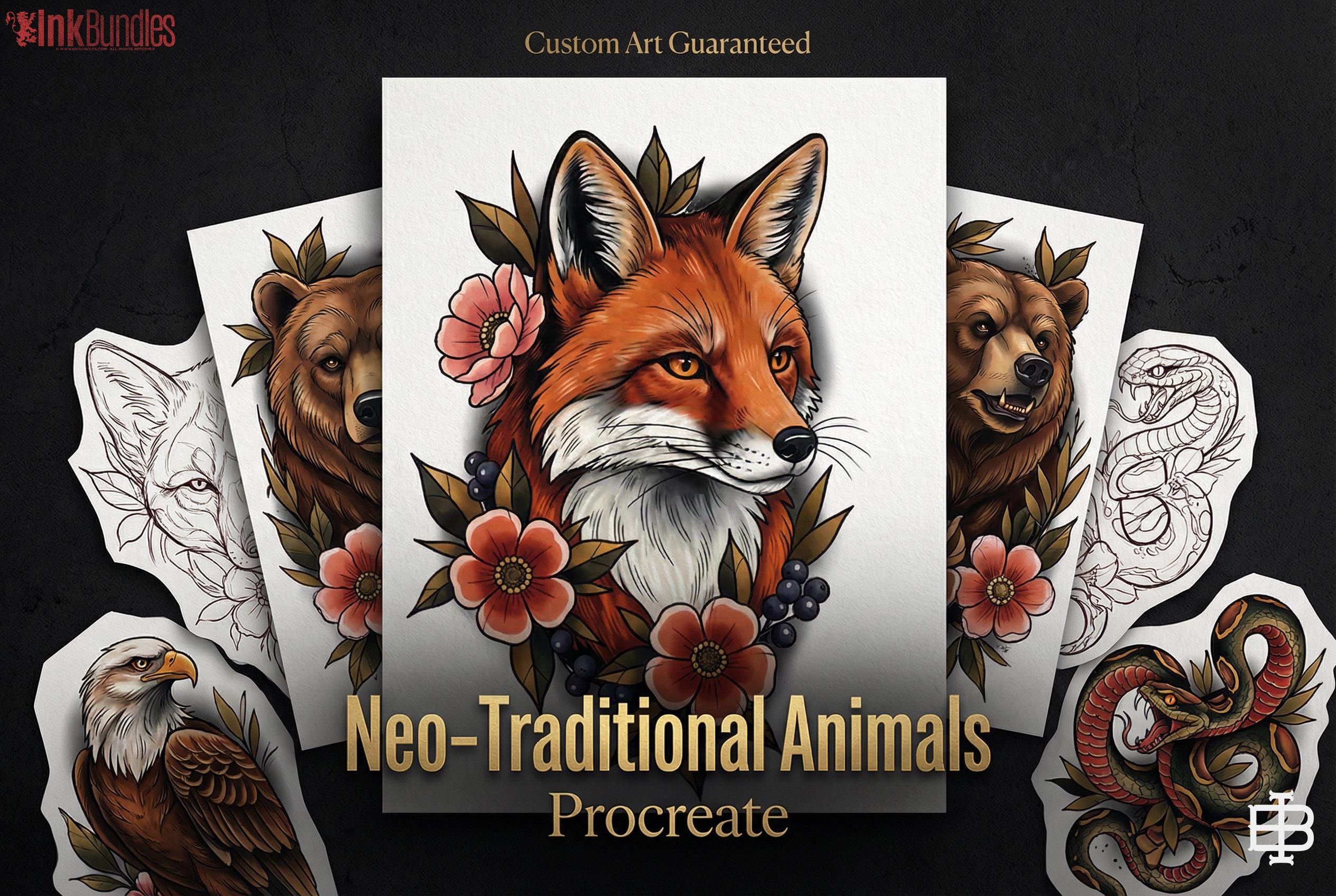Neo Traditional Animal Tattoo Design Reference Kit, Procreate Brushset & PNG, Flash Stamps for Artists