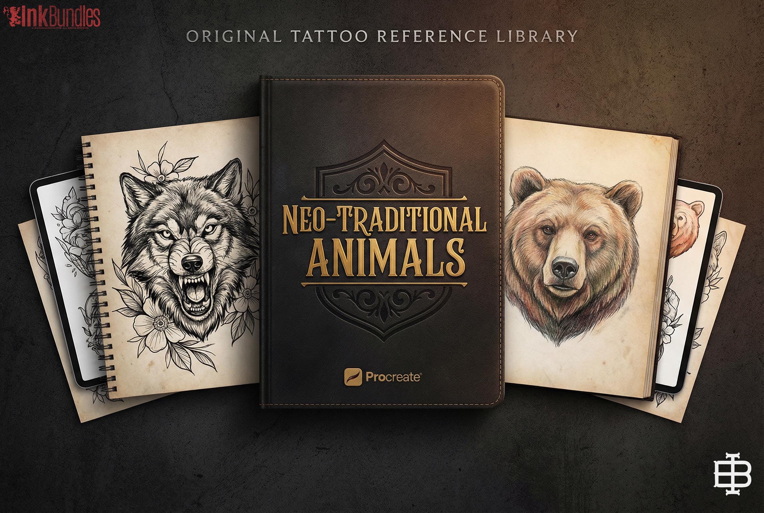 Neo Traditional Animal Tattoo Design Reference Kit, Procreate Brushset & PNG, Flash Stamps for Artists