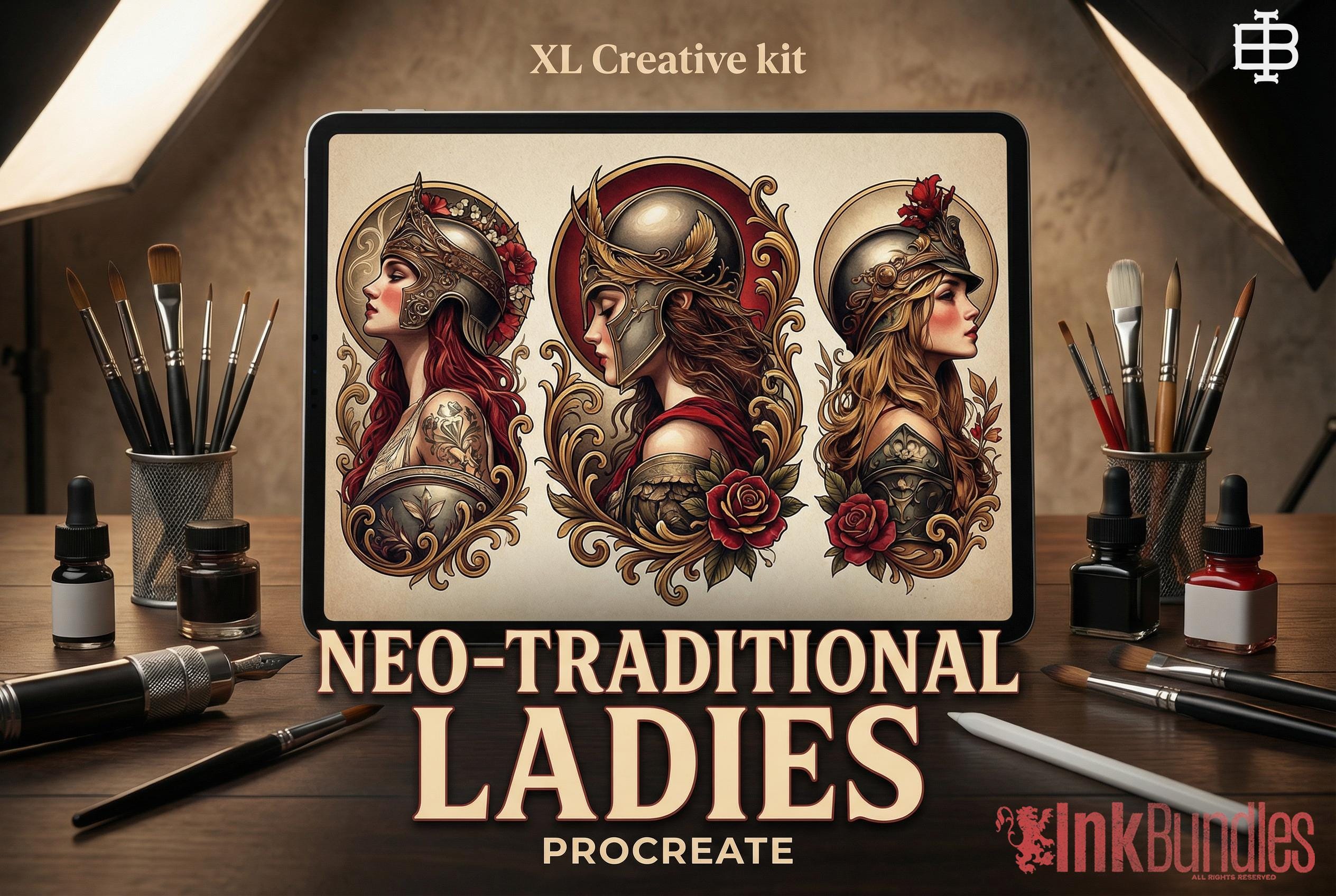 Neo-Traditional Lady Tattoo Design Kit: 2000+ Procreate Stamps, SVG & PNG Files