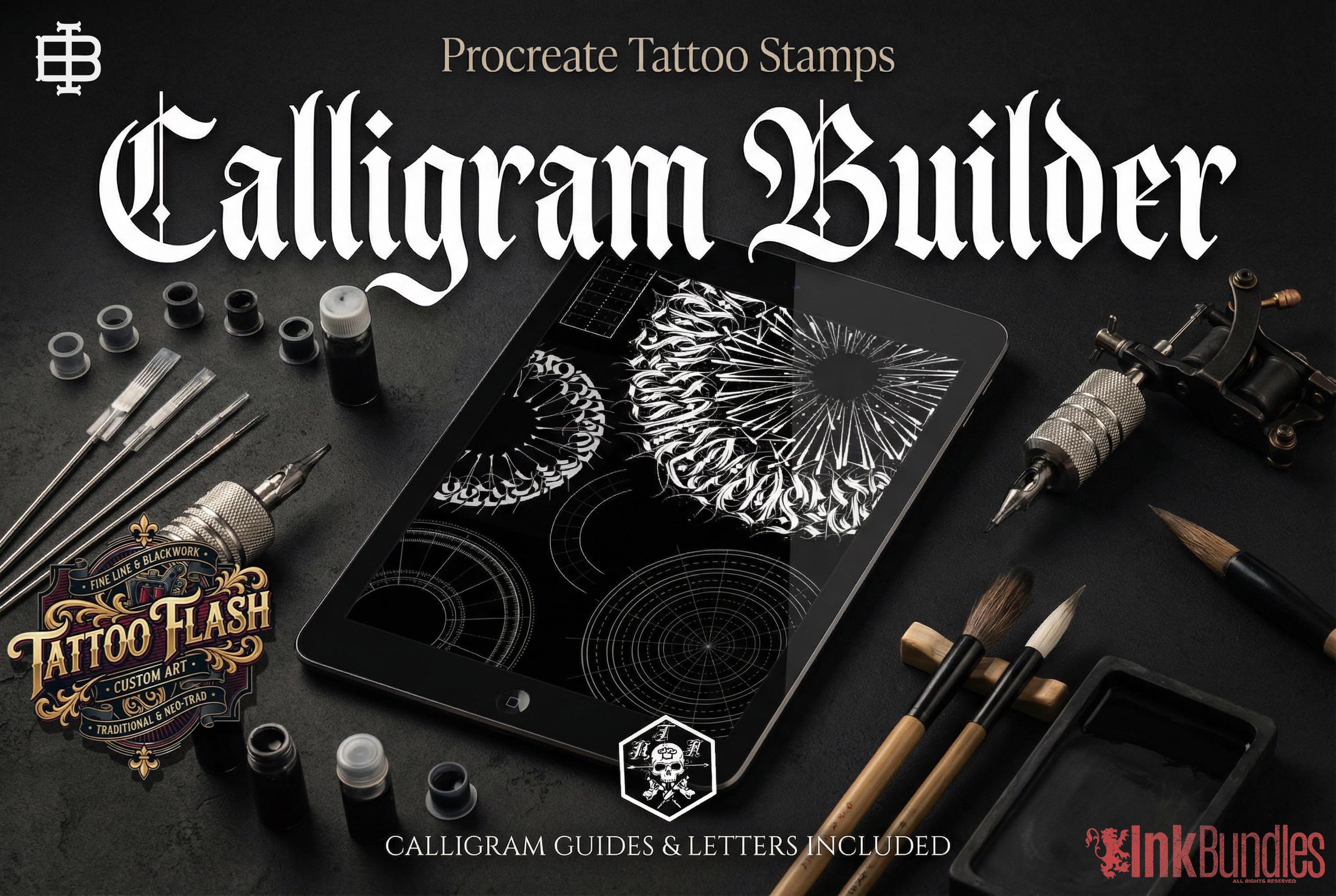 The calligram builder set, black letter brushes, goth alphabet, guides & more