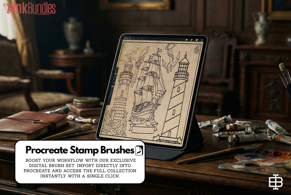Traditional Nautical Tattoo Design kit - Procreate & PNG | 220+ Classic marine old-school Tattoo stencils