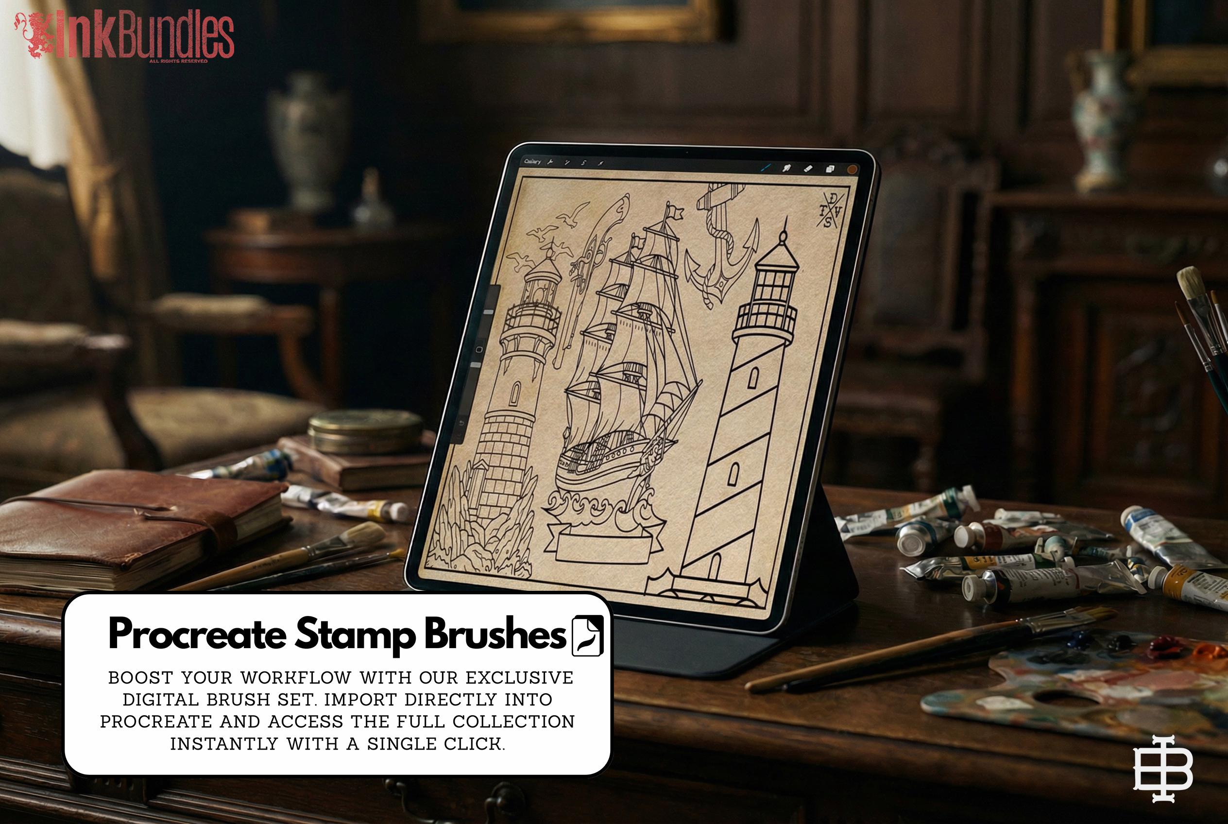 Traditional Nautical Tattoo Design kit - Procreate & PNG | 220+ Classic marine old-school Tattoo stencils