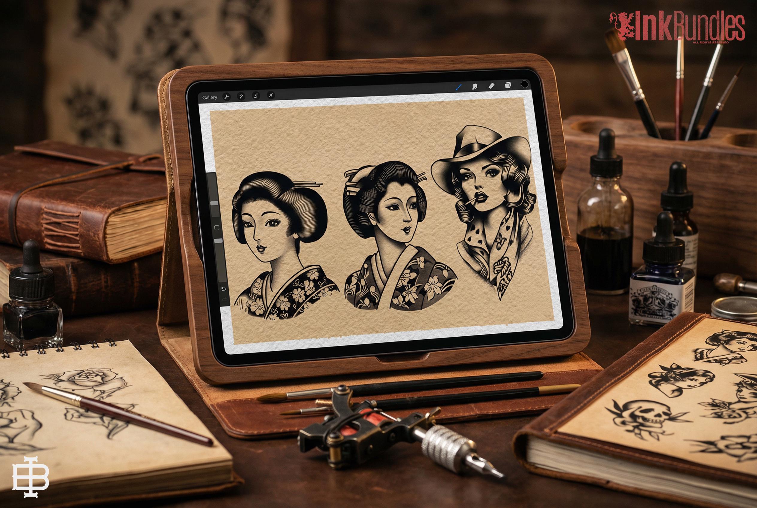 Traditional Tattoo Flash Procreate Stamps: Old School Designs PNG & Brushes
