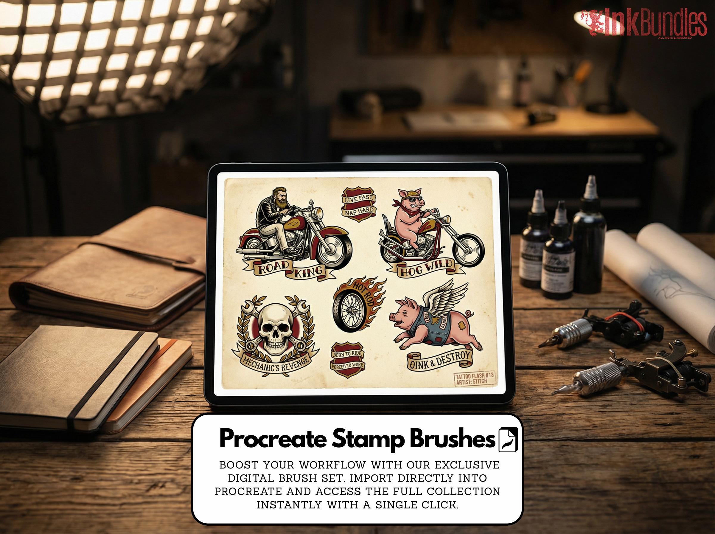 Traditional Biker Tattoo Design kit - Procreate & PNG | 100+ old-school Tattoo stencils