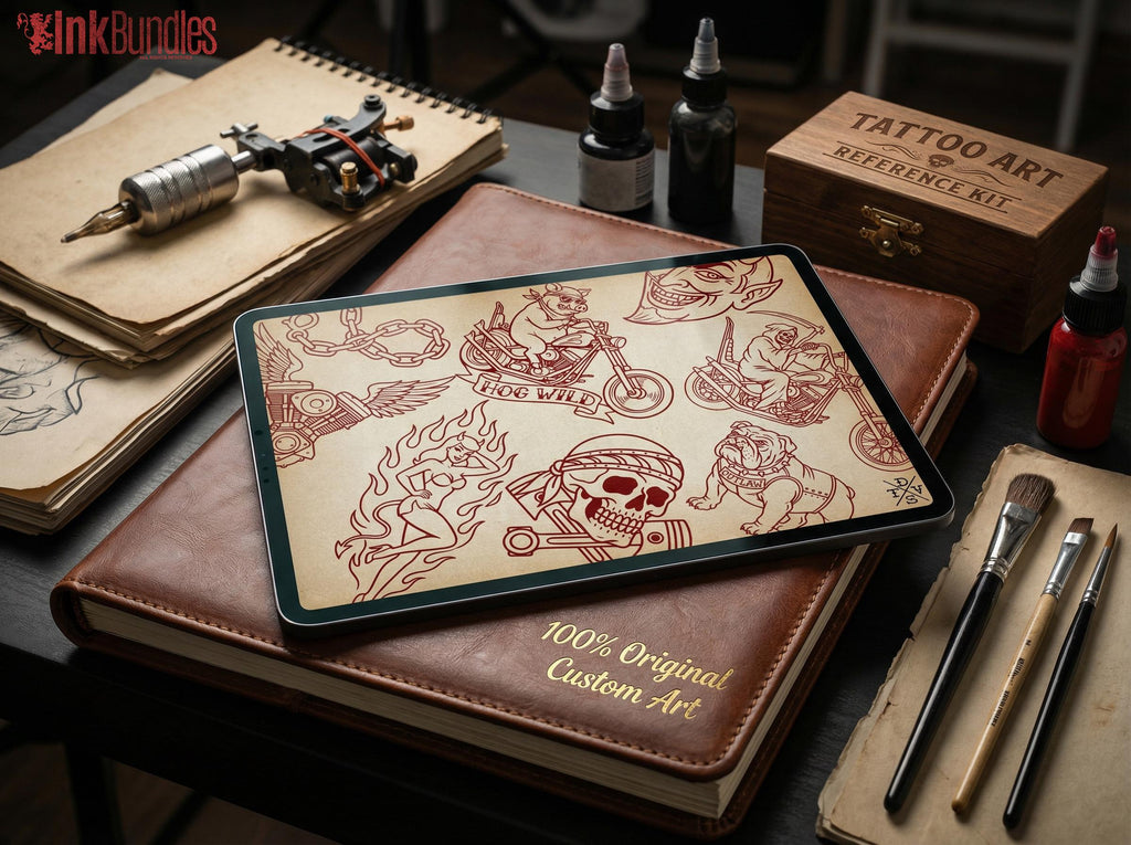 Traditional Biker Tattoo Design kit - Procreate & PNG | 100+ old-school Tattoo stencils