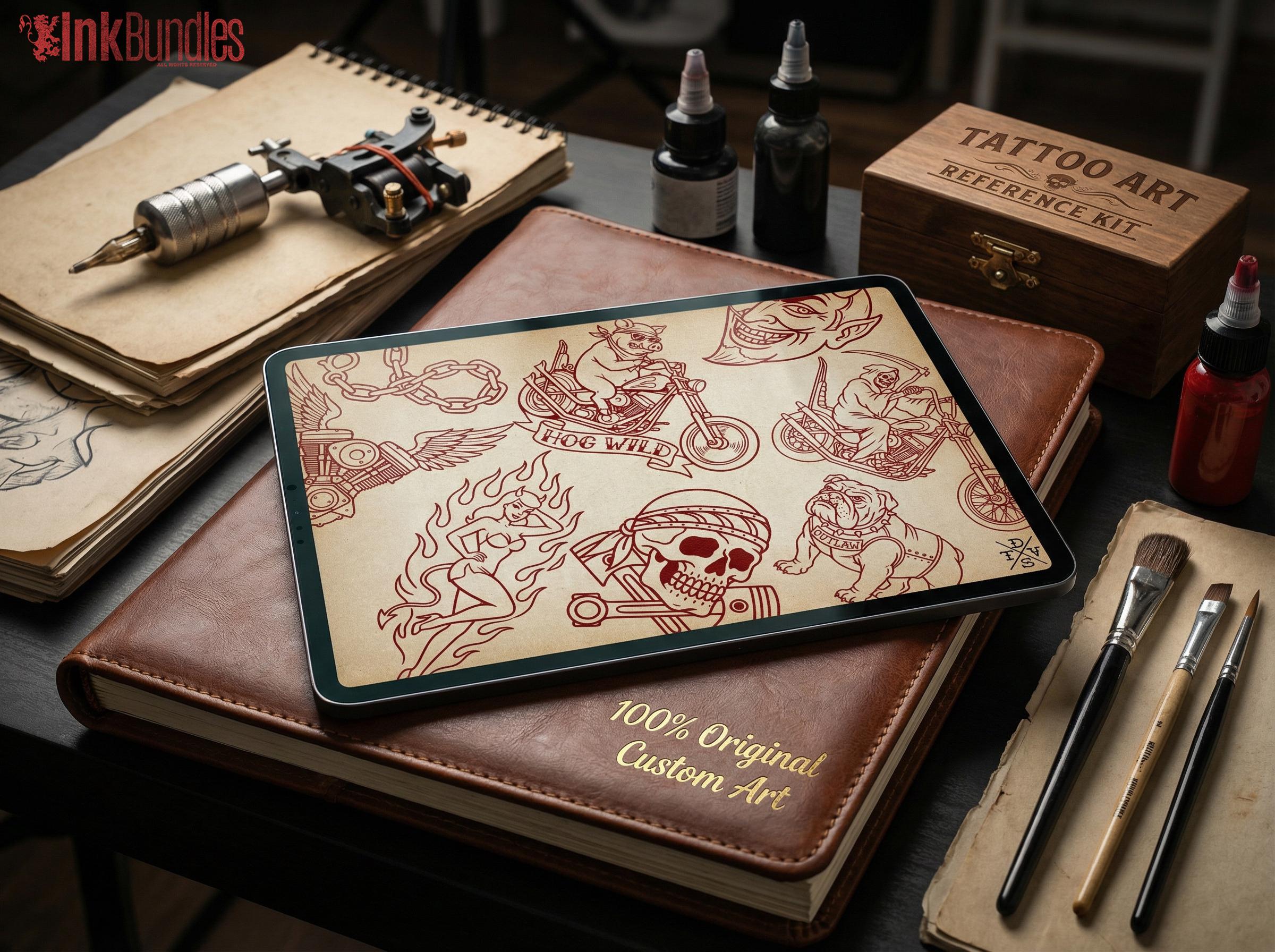 Traditional Biker Tattoo Design kit - Procreate & PNG | 100+ old-school Tattoo stencils