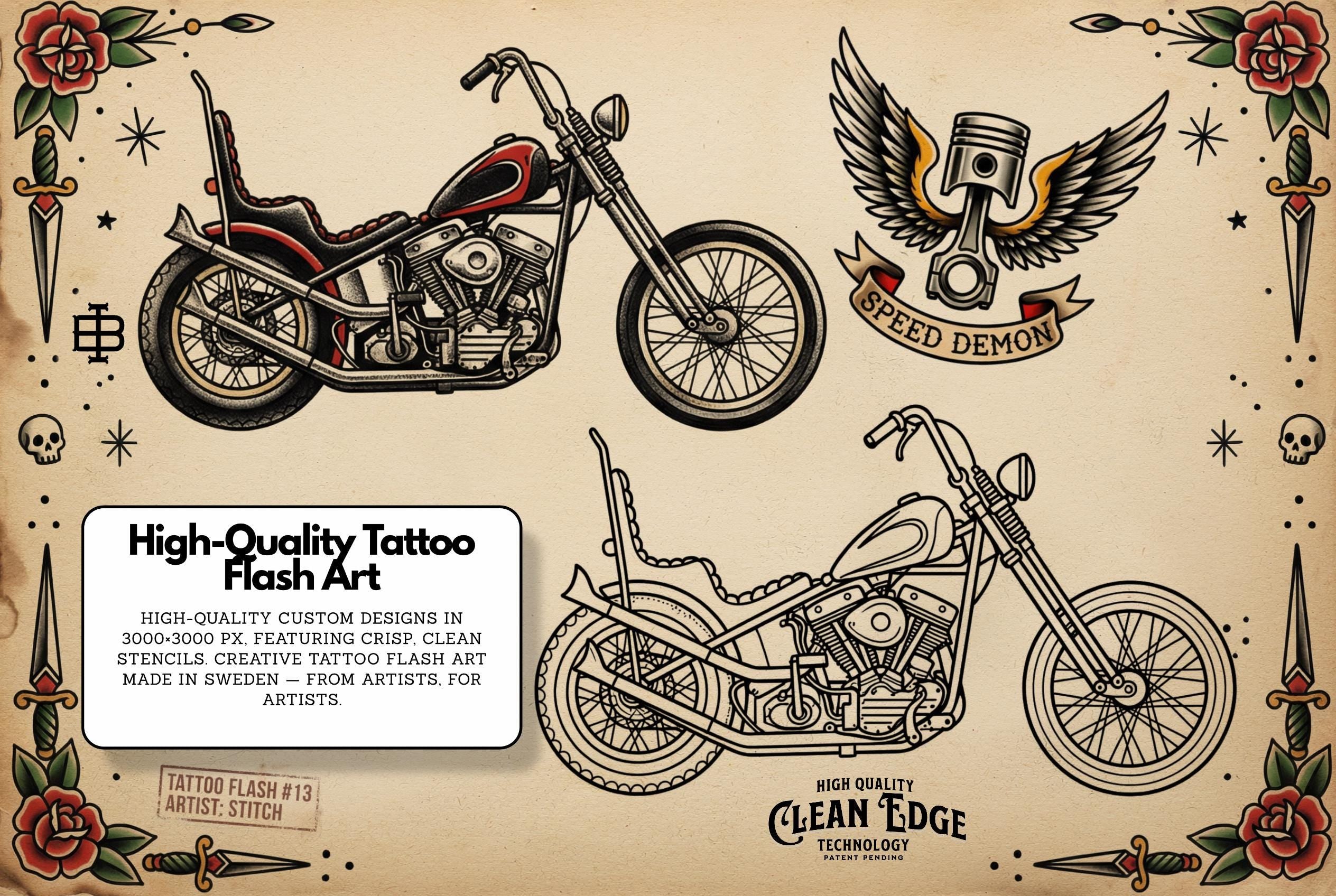 Traditional Biker Tattoo Design kit - Procreate & PNG | 100+ old-school Tattoo stencils