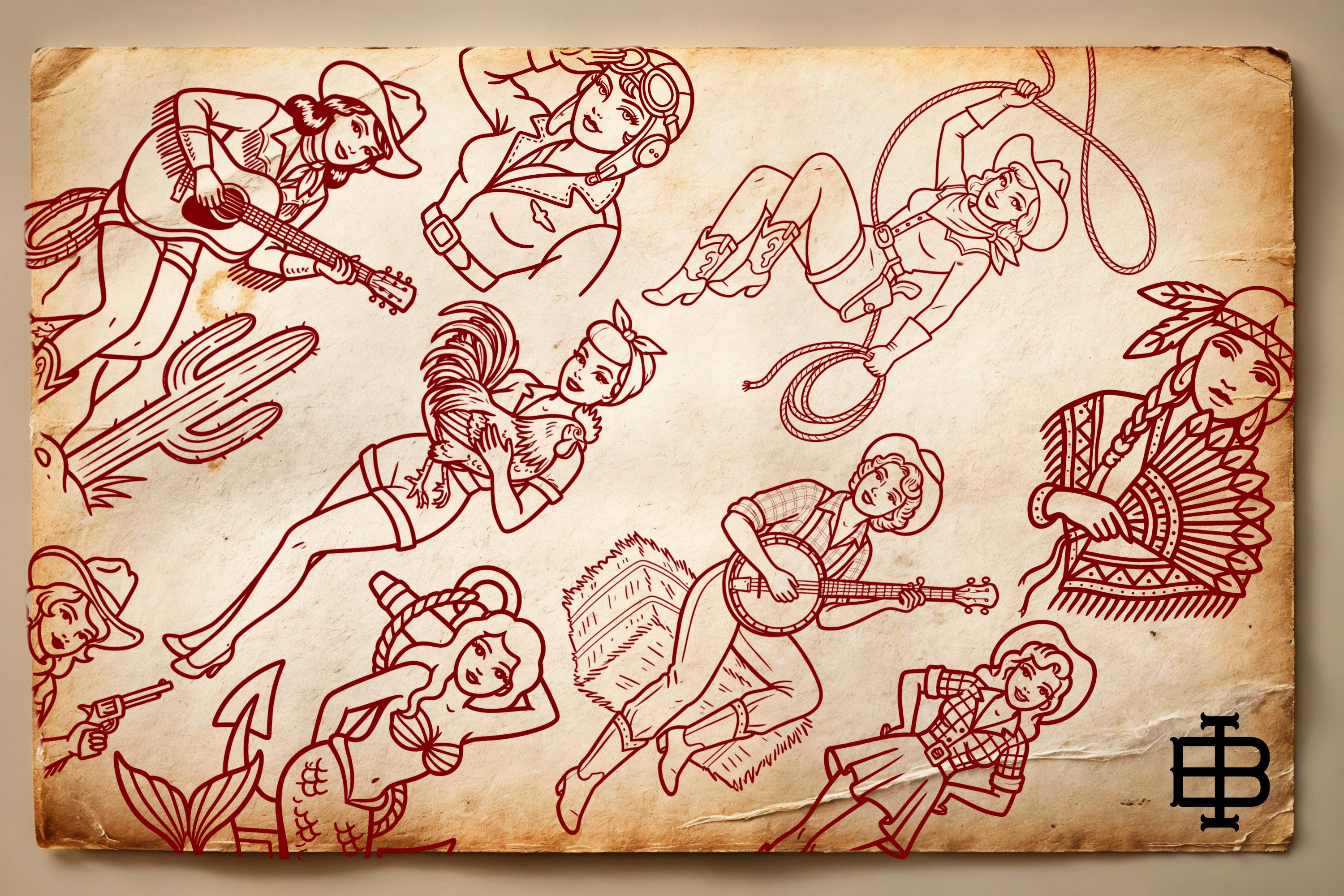 Traditional Pinup Design kit - Procreate | 150+ Classic old-scool , stencils ( digital download ) Tattoo Flash Art