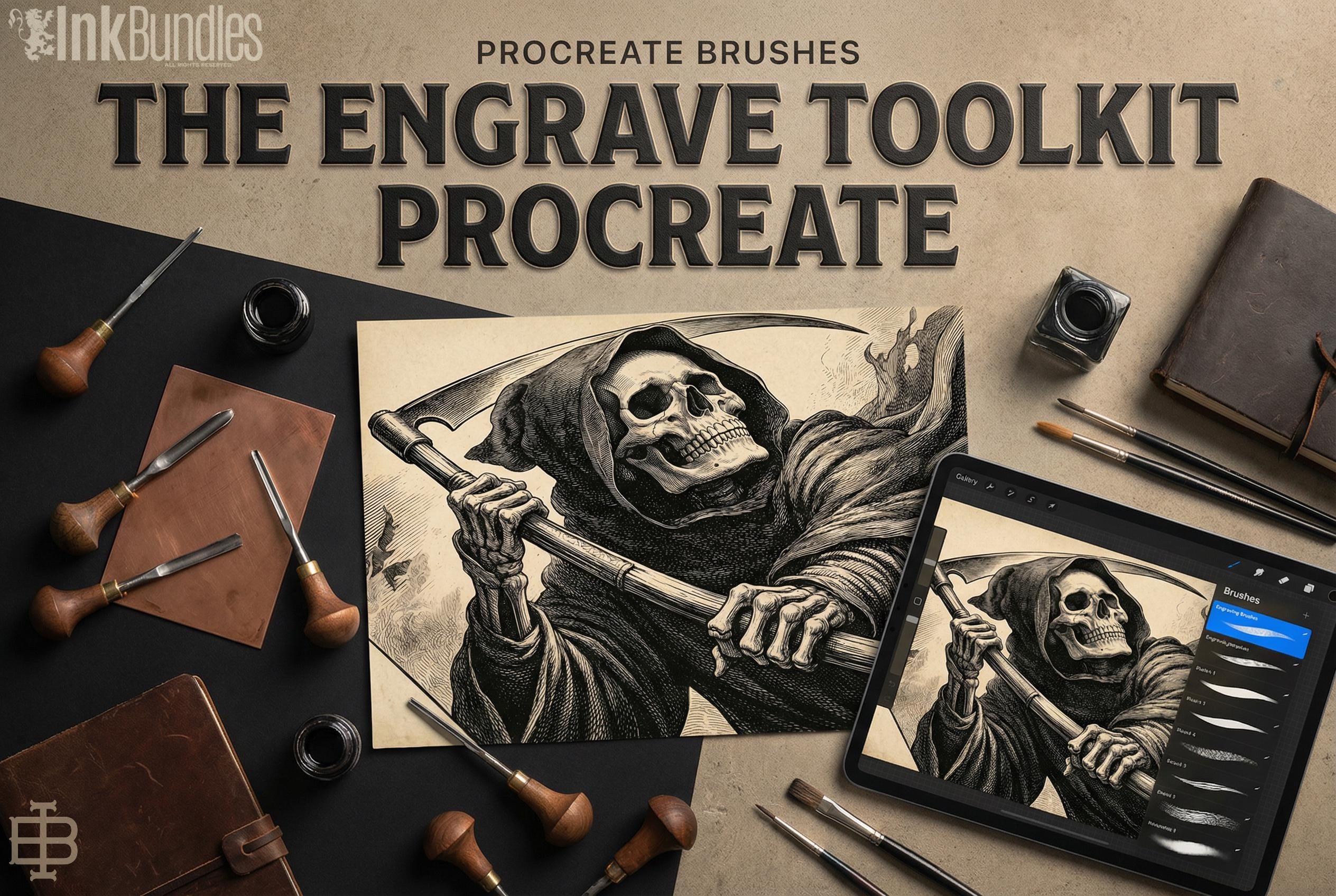 Procreate Engraving Brush Kit: 360+ Woodcut Texture Brushes & Canvas (Digital Download