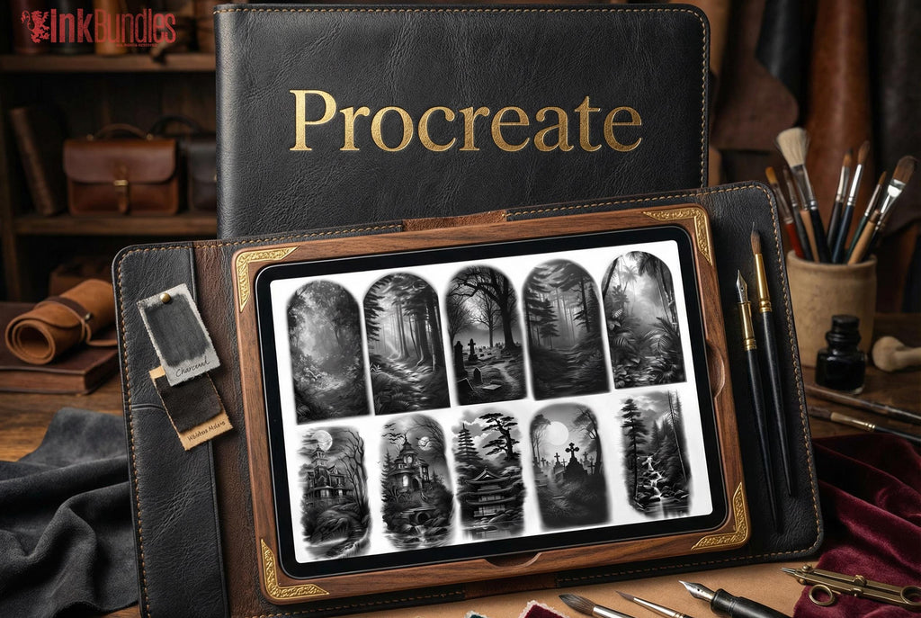 Procreate, Flow / tattoo Background design kit, 180+ unique procreate brushes & stamps