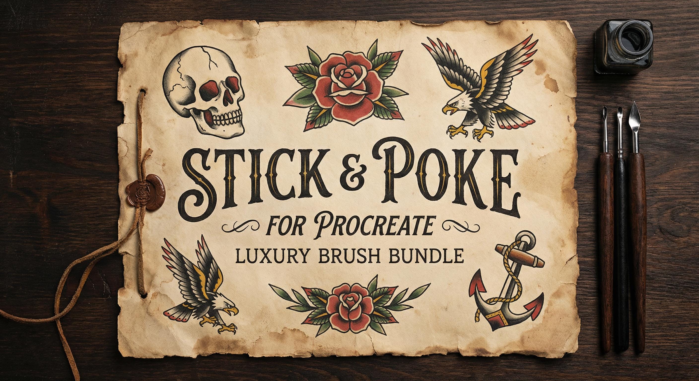 Procreate, stick n poke ~ 100% custom made brushes, designs, canvas & palettes