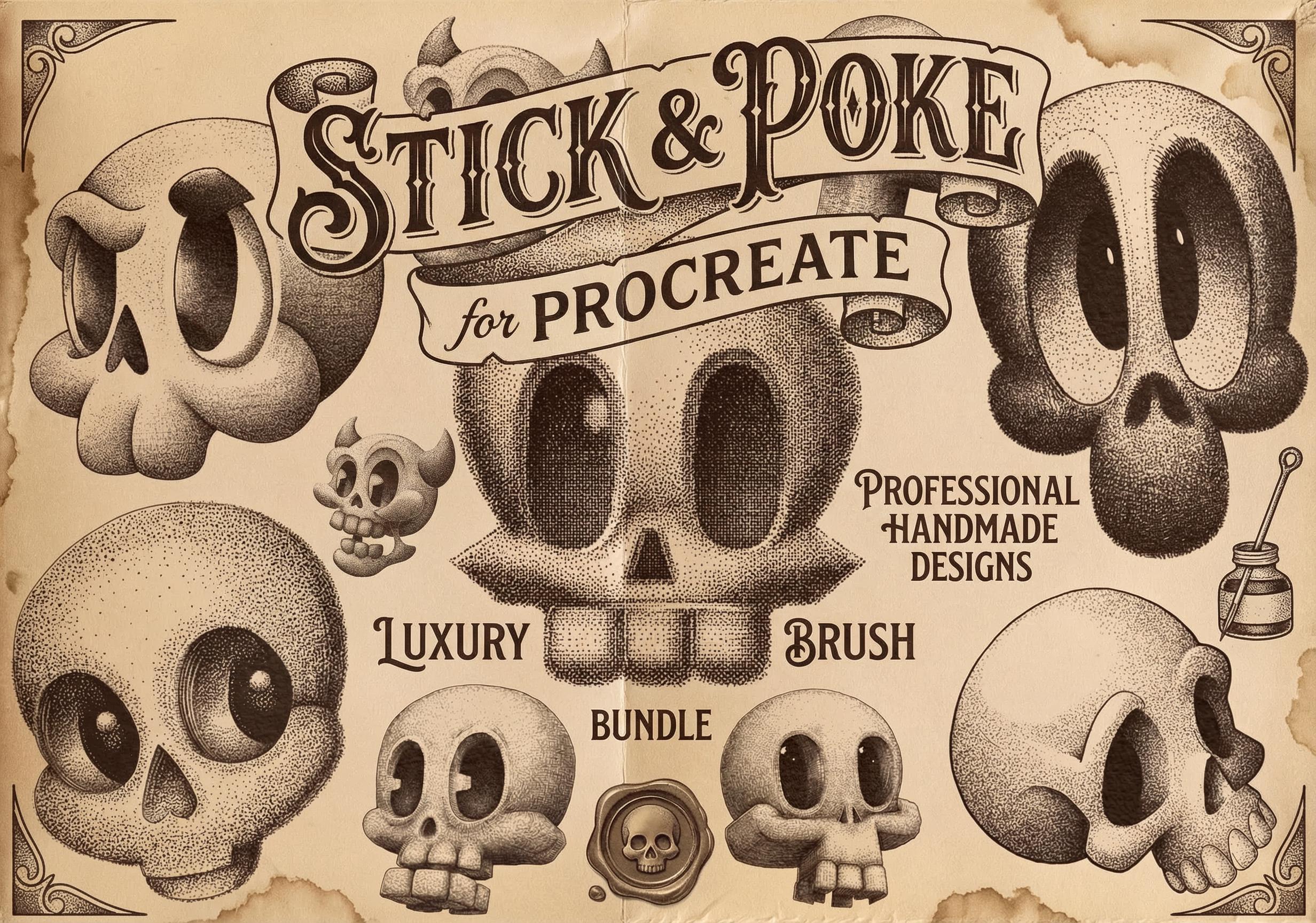 Procreate, stick n poke ~ 100% custom made brushes, designs, canvas & palettes