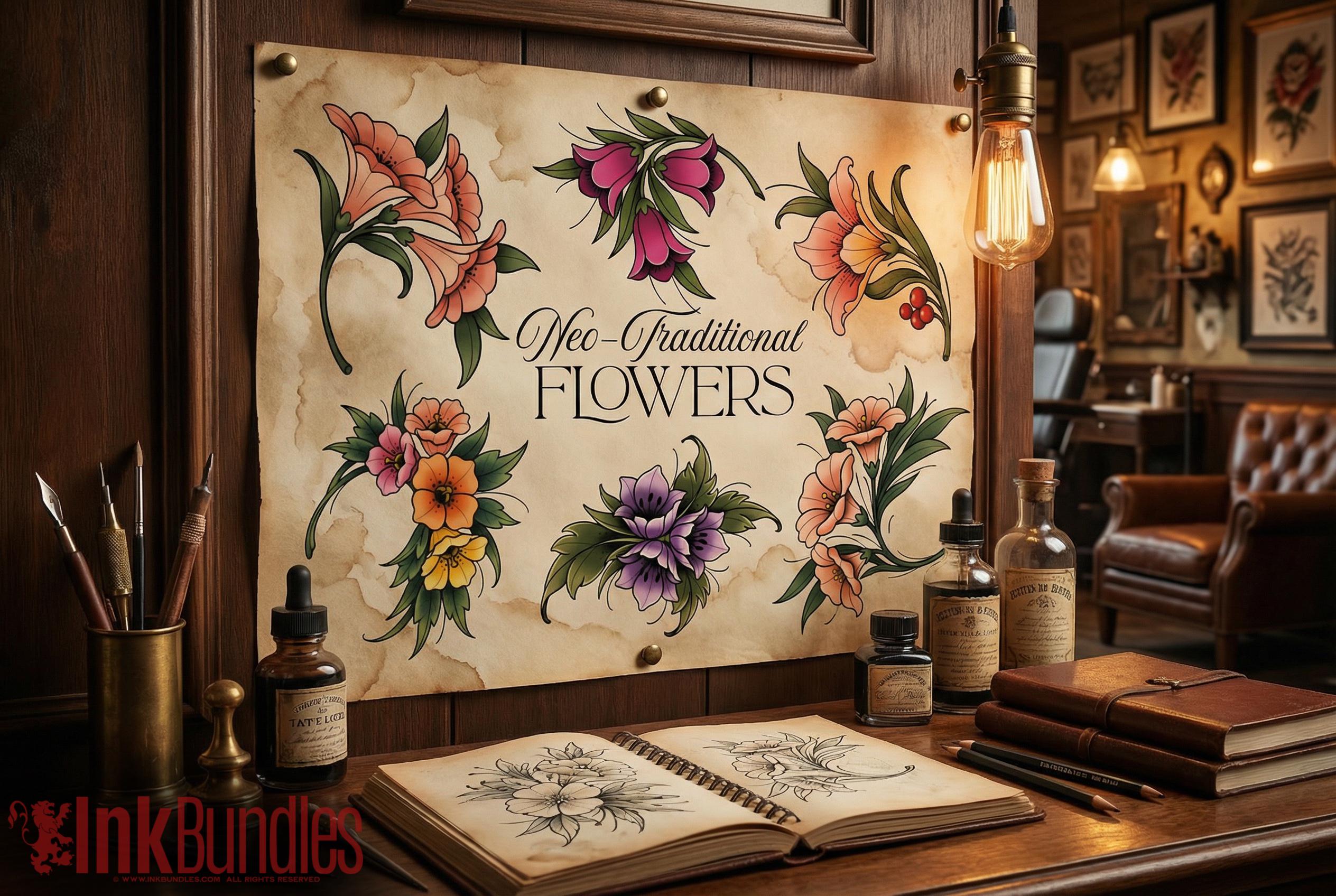 Neo-traditional flowers 1 - custom art, digital download Procreate/Photoshop/vector Stencils