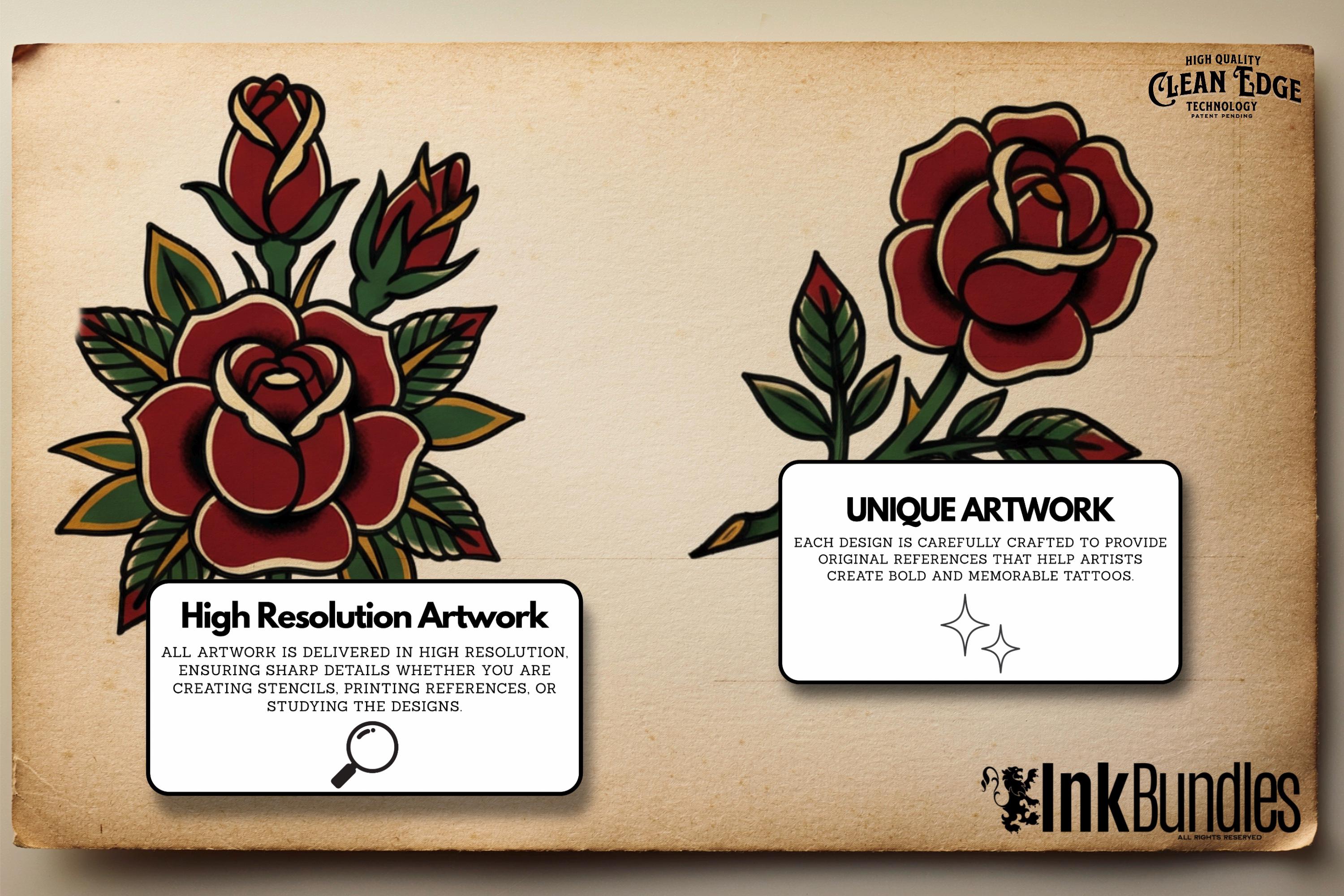 Traditional Tattoo Roses, 42 custom Procreate Stamps, artists reference library