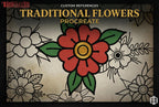 Traditional Tattoo Flowers 120 files – Procreate Stamps | Old School Flower Clipart – PNG, SVG, EPS
