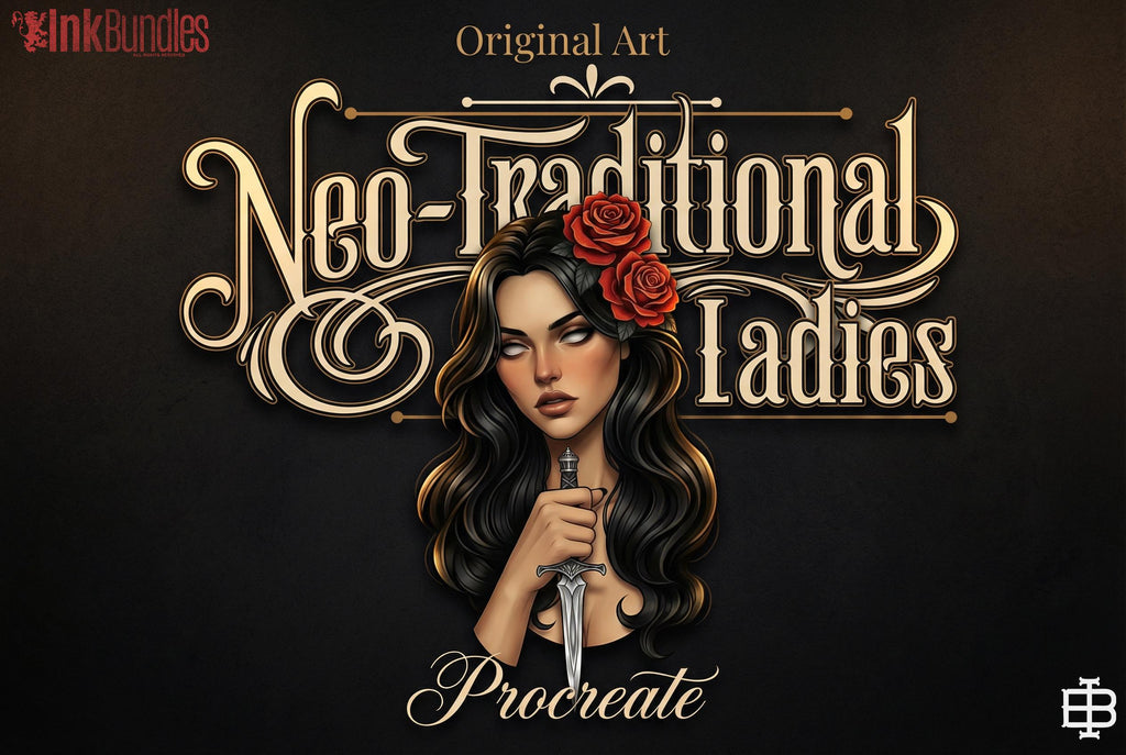 Neo-Traditional Tattoo References, Procreate Stamps & Flash Art, Procreate/Photoshop 300+
