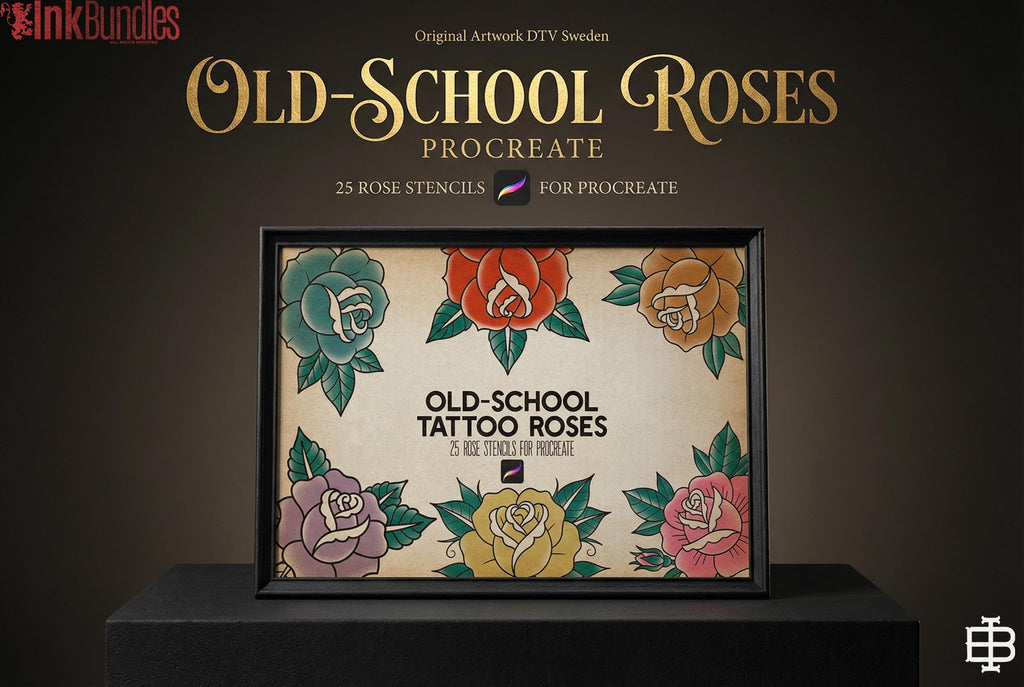 Traditional Tattoo Roses, 42 custom Procreate Stamps, artists reference library
