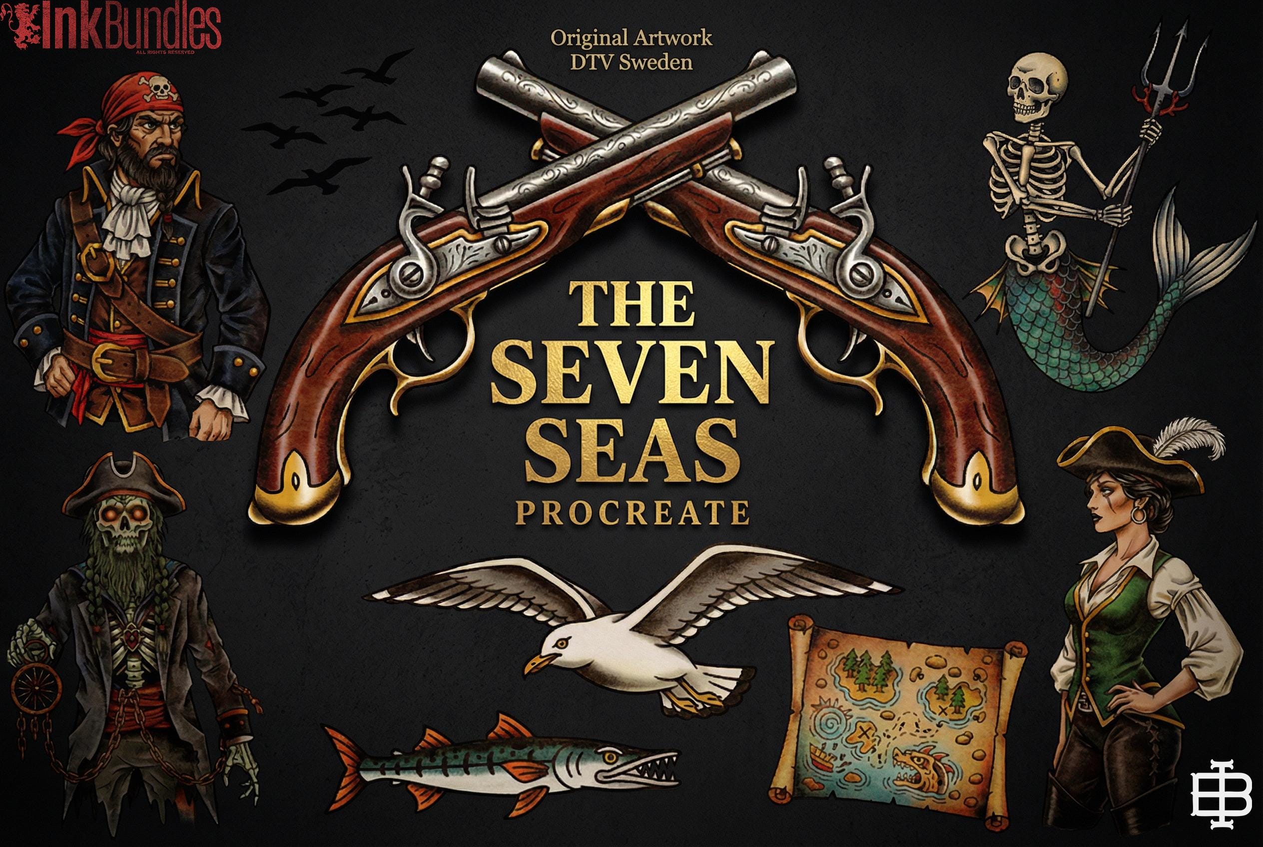 Traditional Nautical Tattoo Design kit - Procreate & PNG | 220+ Classic marine old-school Tattoo stencils