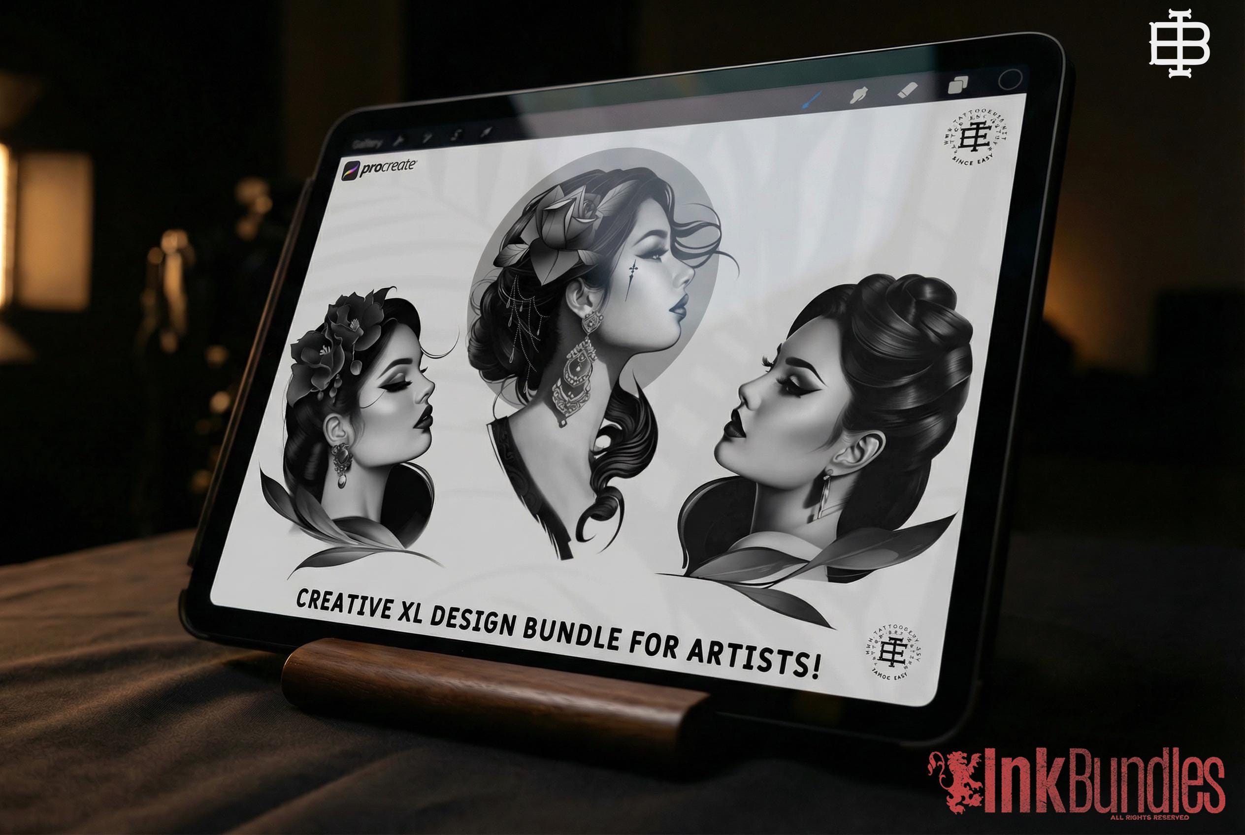 Neo-Traditional Lady Tattoo Design Kit: 2000+ Procreate Stamps, SVG & PNG Files