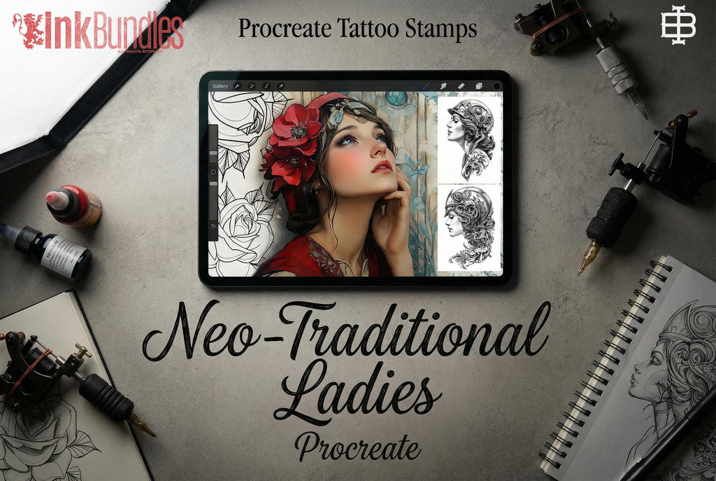 Neo-Traditional Lady Tattoo Design Kit: 2000+ Procreate Stamps, SVG & PNG Files