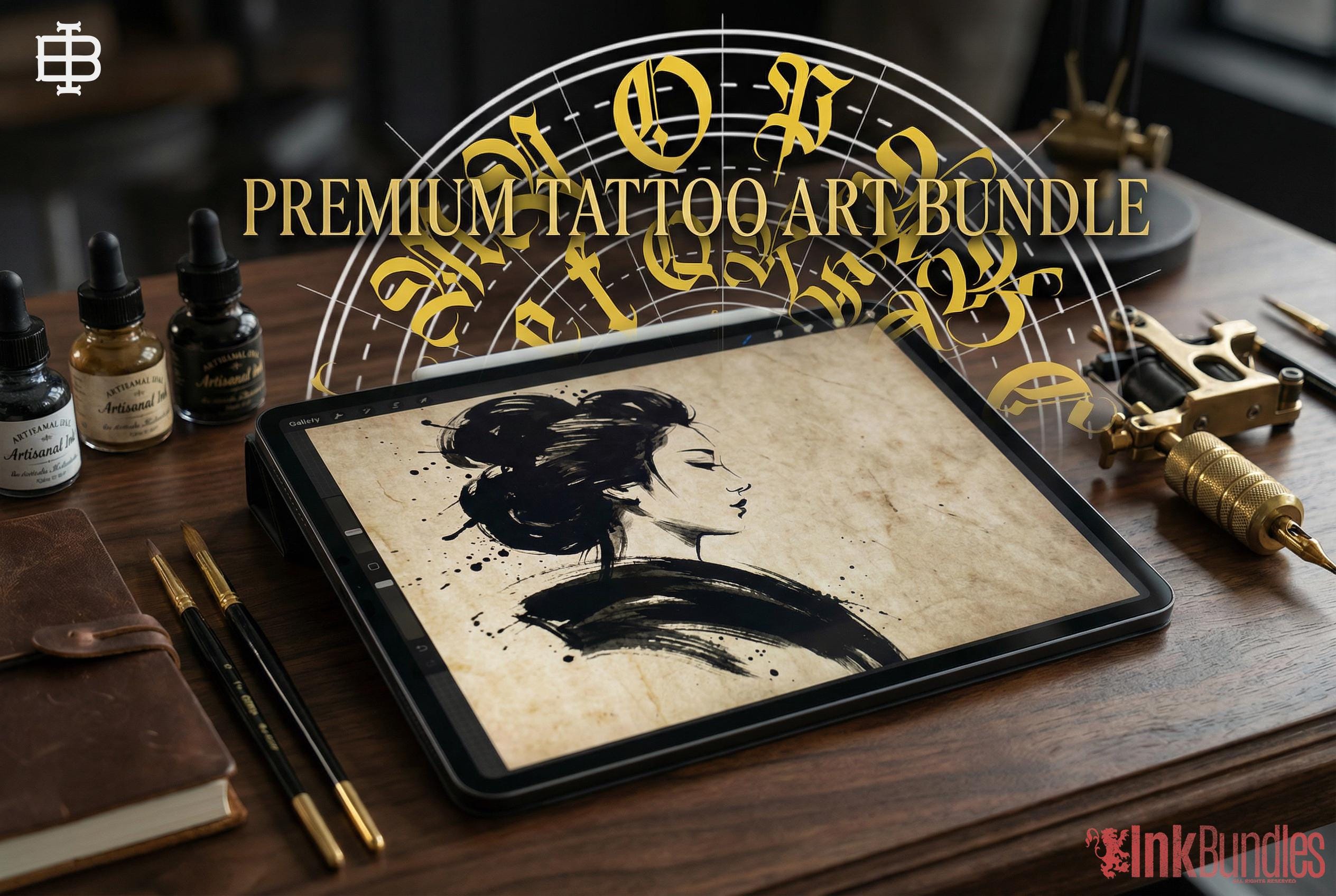 The calligram builder set, black letter brushes, goth alphabet, guides & more