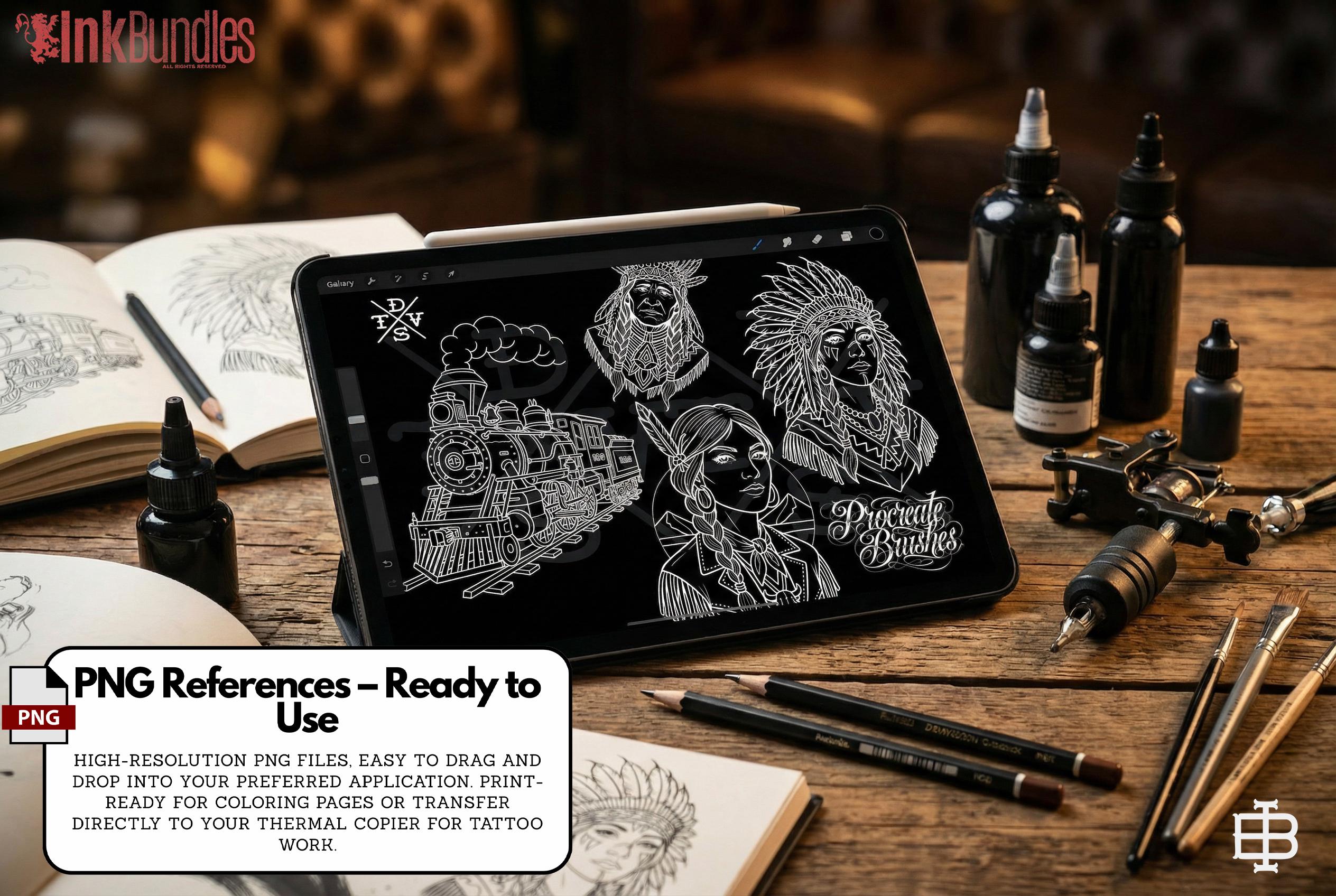 Traditional Wild Western Tattoo Design kit - Procreate & PNG | 200+ Classic Cowboy Tattoos