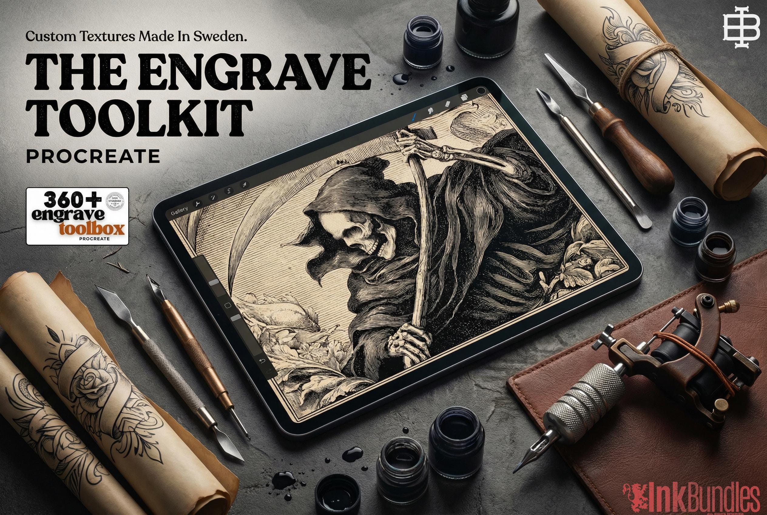 Procreate Engraving Brush Kit: 360+ Woodcut Texture Brushes & Canvas (Digital Download