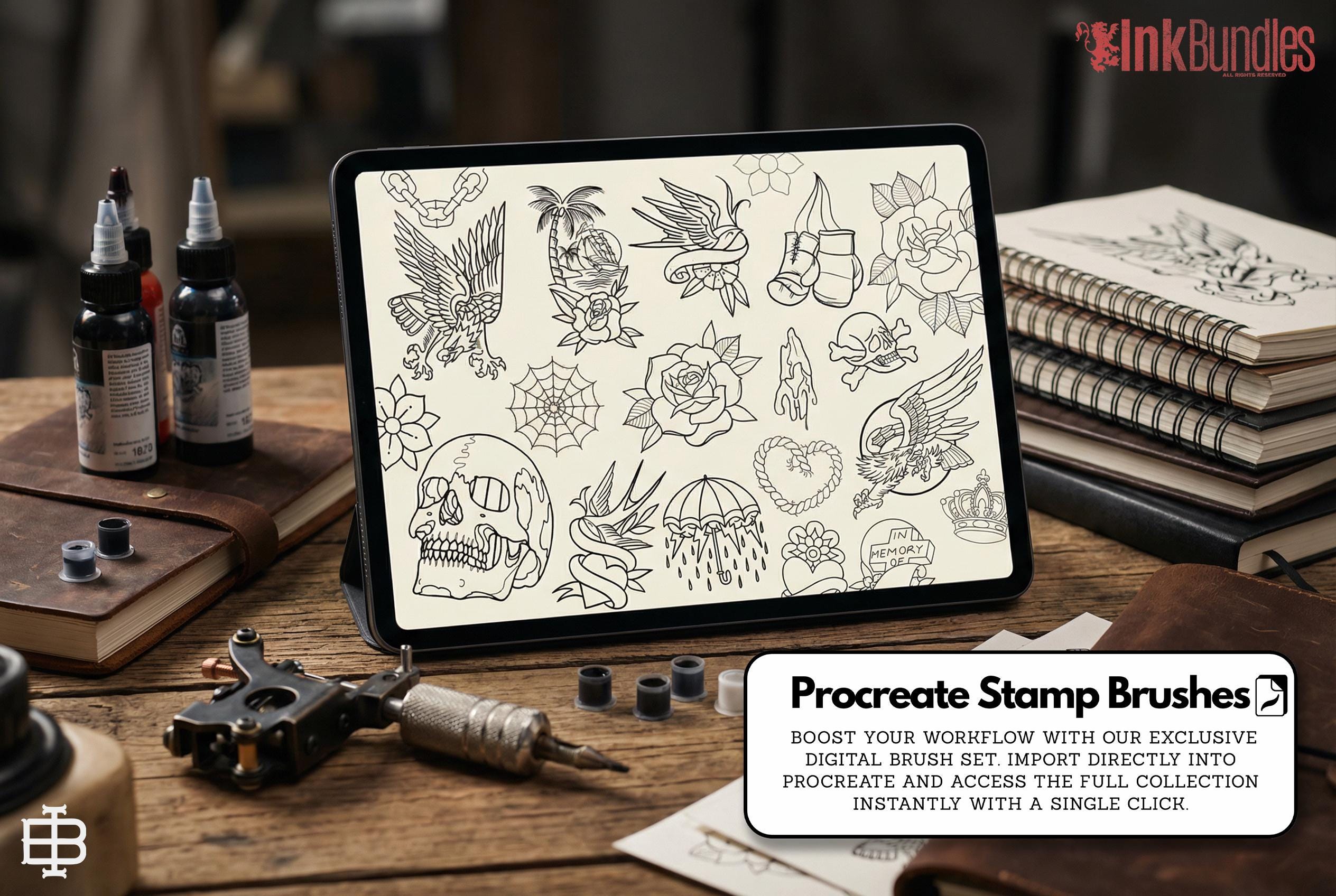 Traditional Tattoo Flash Procreate Stamps: Old School Designs PNG & Brushes