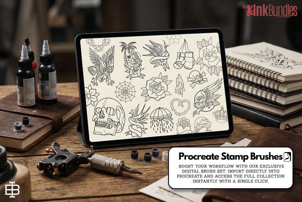 Traditional Tattoo Flash Procreate Stamps: Old School Designs PNG & Brushes