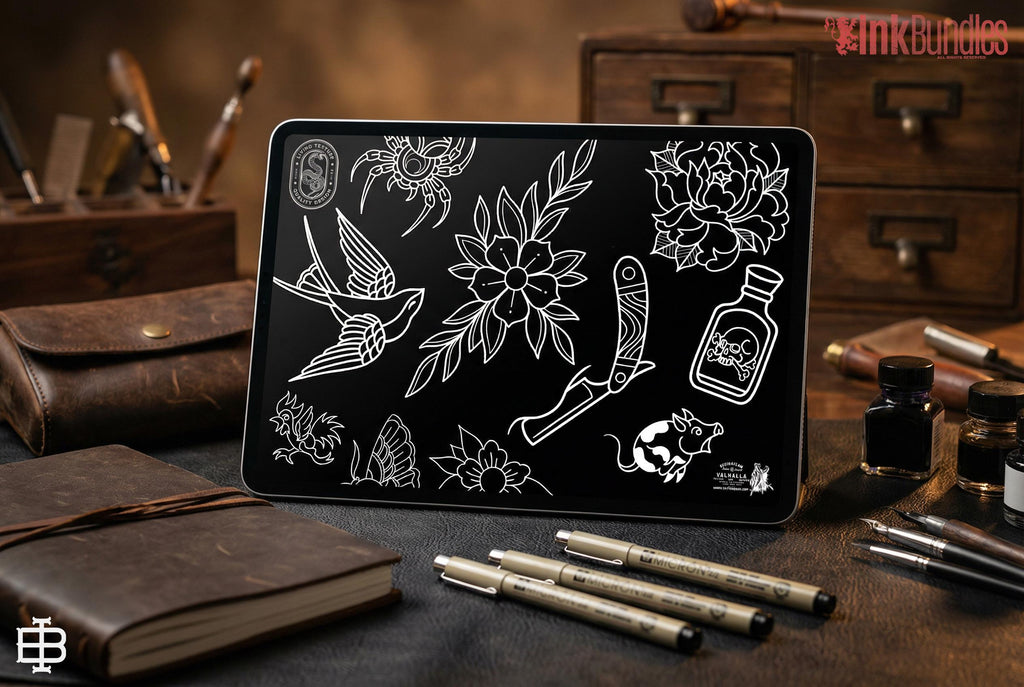 Traditional Tattoo Flash Procreate Stamps: Old School Designs PNG & Brushes