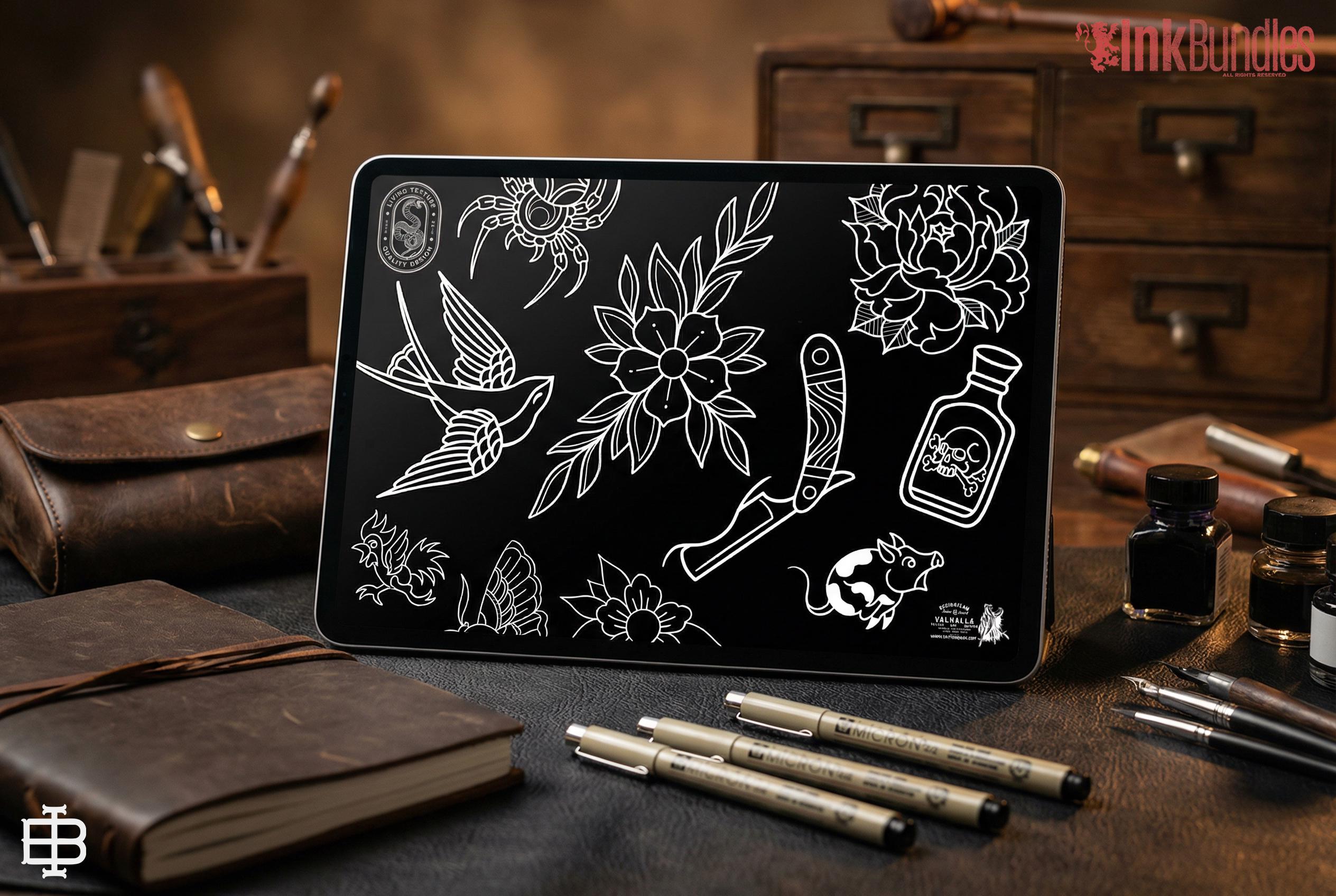 Traditional Tattoo Flash Procreate Stamps: Old School Designs PNG & Brushes