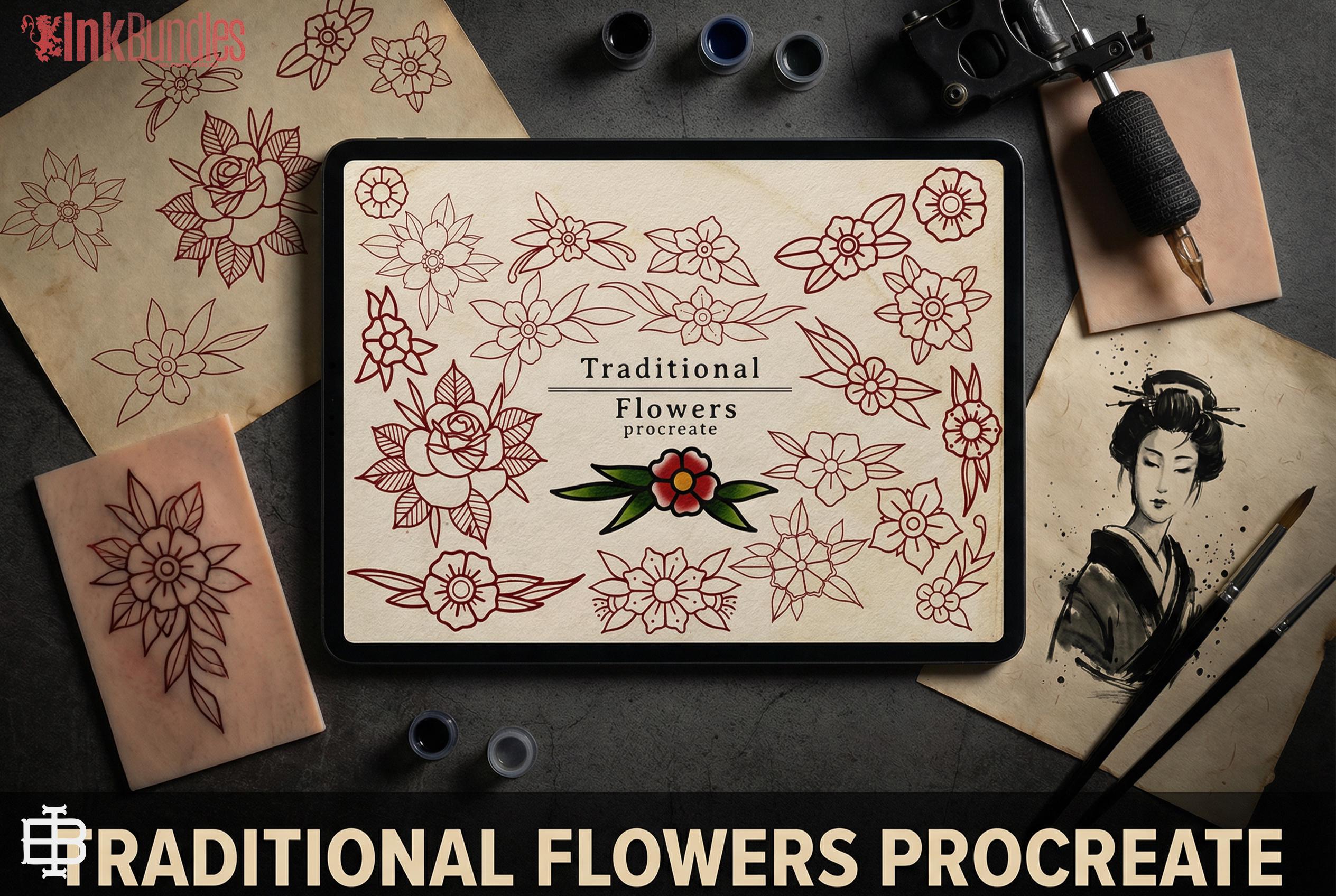 100 tattoo inspired flowers drawn by hand - .svg .png .ai & Procreate format included