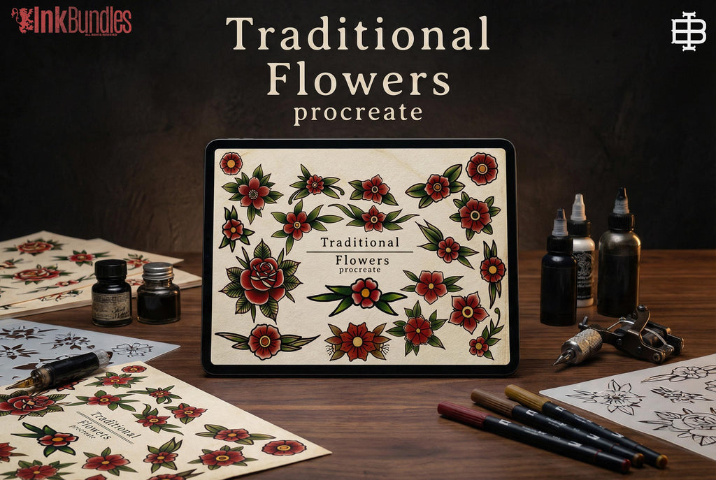 100 tattoo inspired flowers drawn by hand - .svg .png .ai & Procreate format included