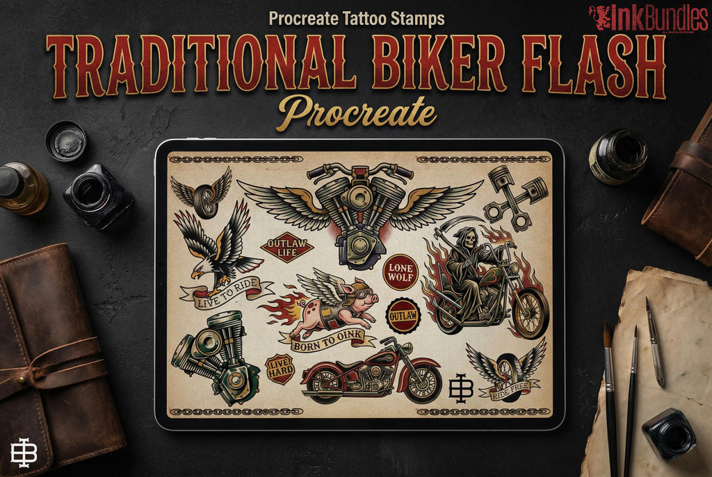 Traditional Biker Tattoo Design kit - Procreate & PNG | 100+ old-school Tattoo stencils