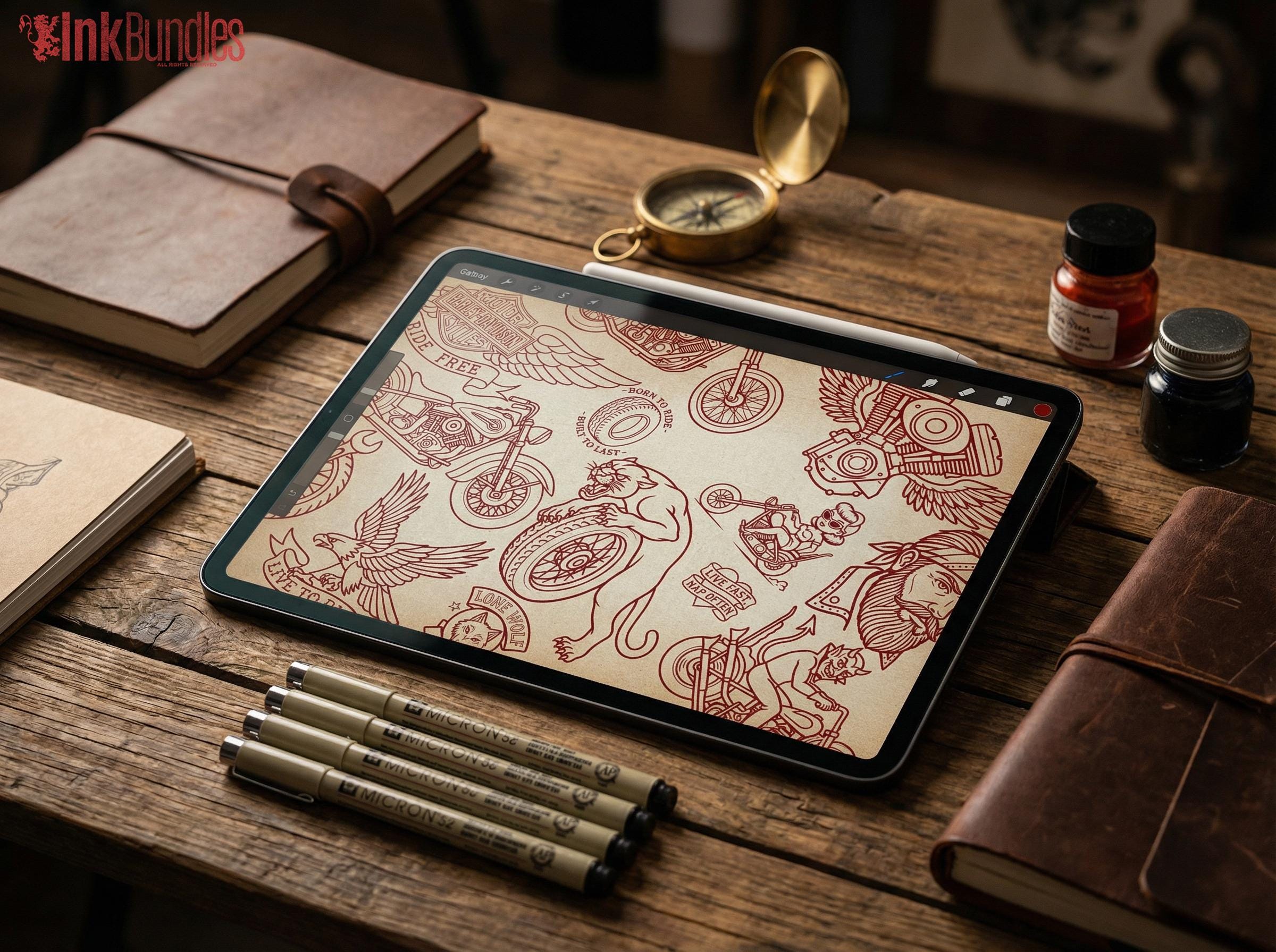 Traditional Biker Tattoo Design kit - Procreate & PNG | 100+ old-school Tattoo stencils