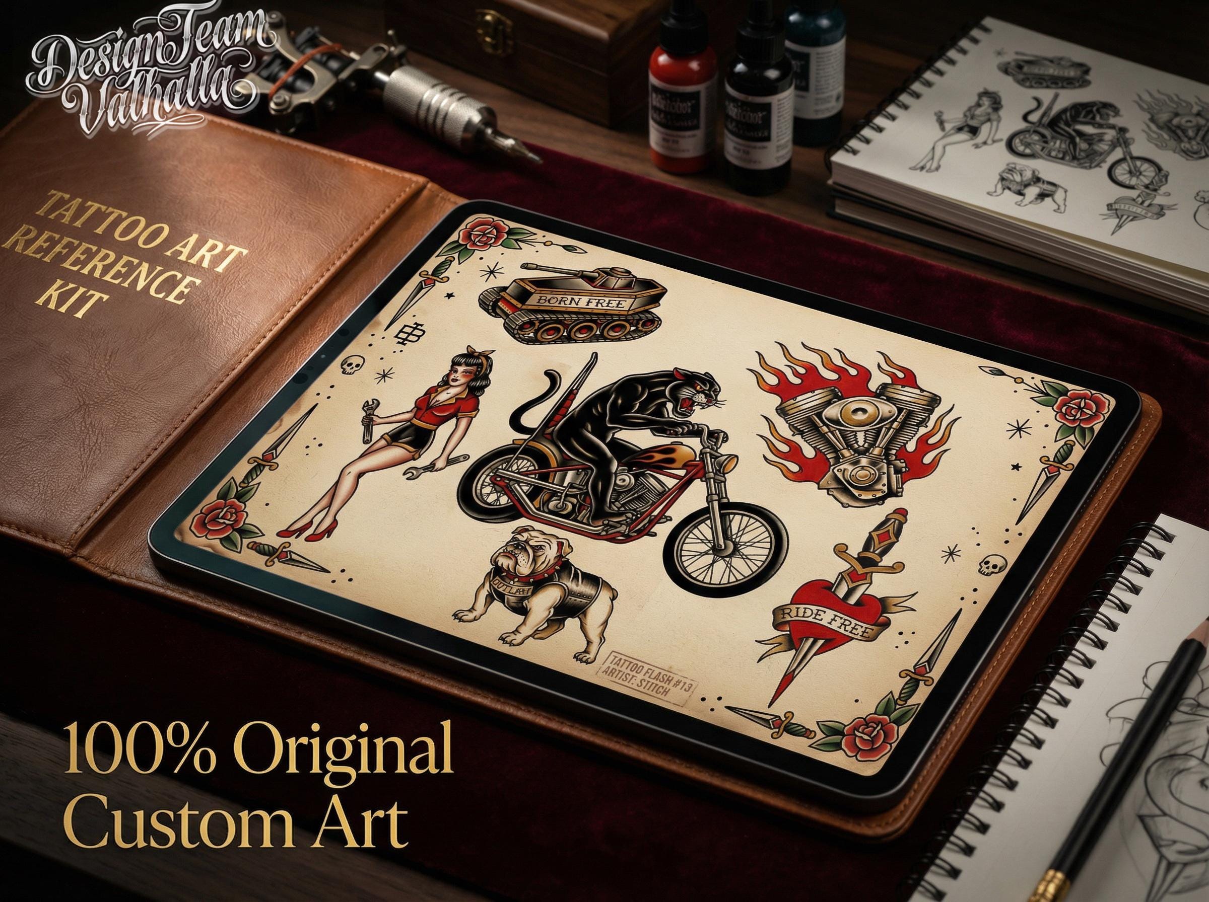 Traditional Biker Tattoo Design kit - Procreate & PNG | 100+ old-school Tattoo stencils