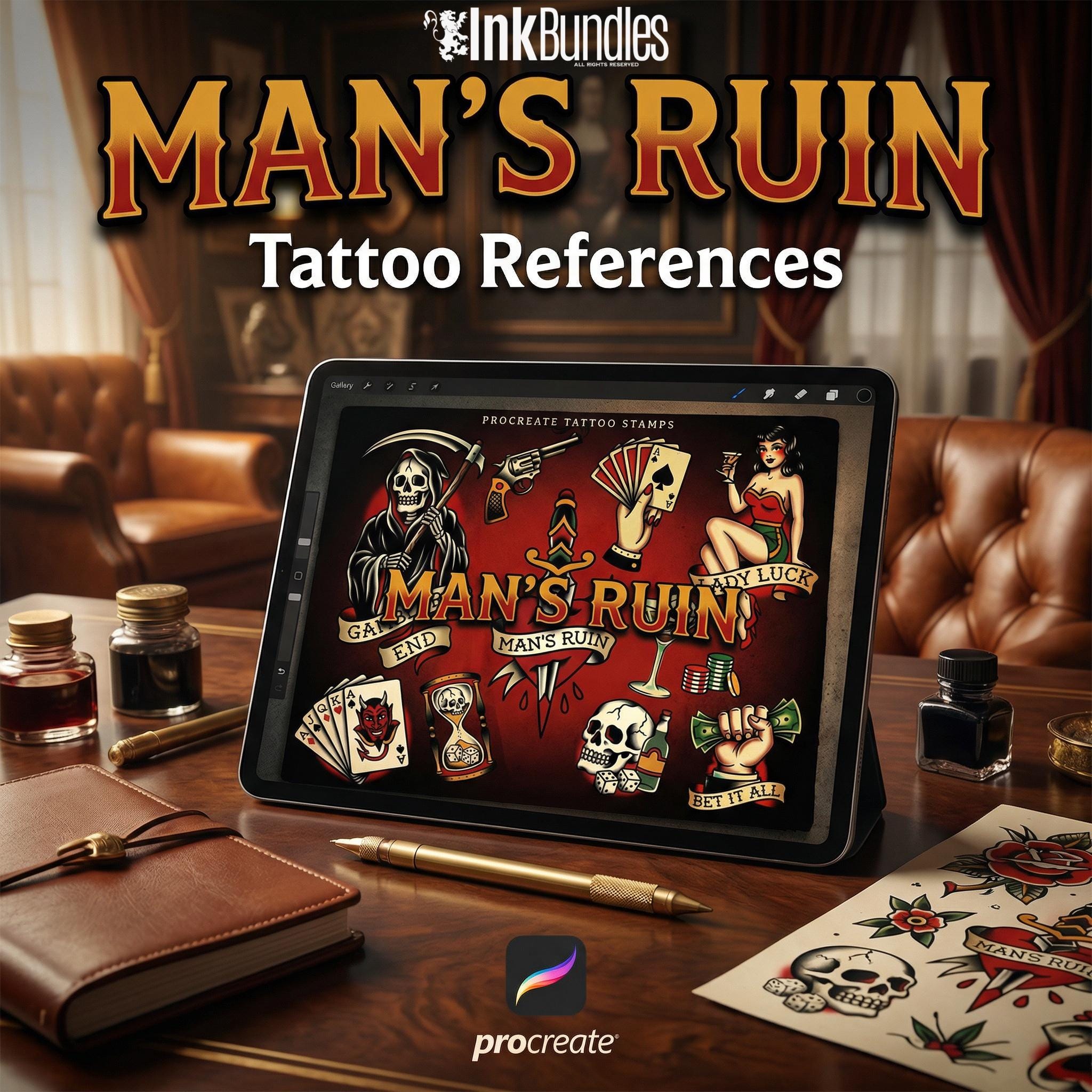 Traditional Gambling Casino Tattoo Design kit - Procreate | 113 Classic Mans ruin Tattoo stencils