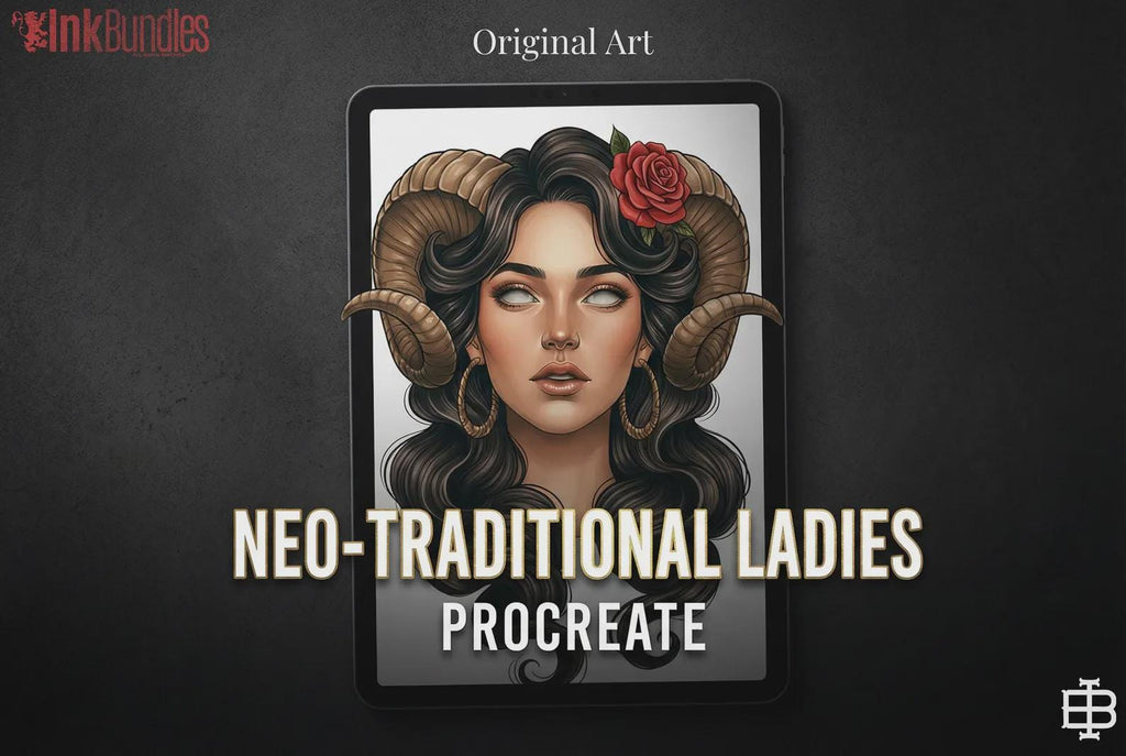 Neo-Traditional Tattoo References, Procreate Stamps & Flash Art, Procreate/Photoshop 300+