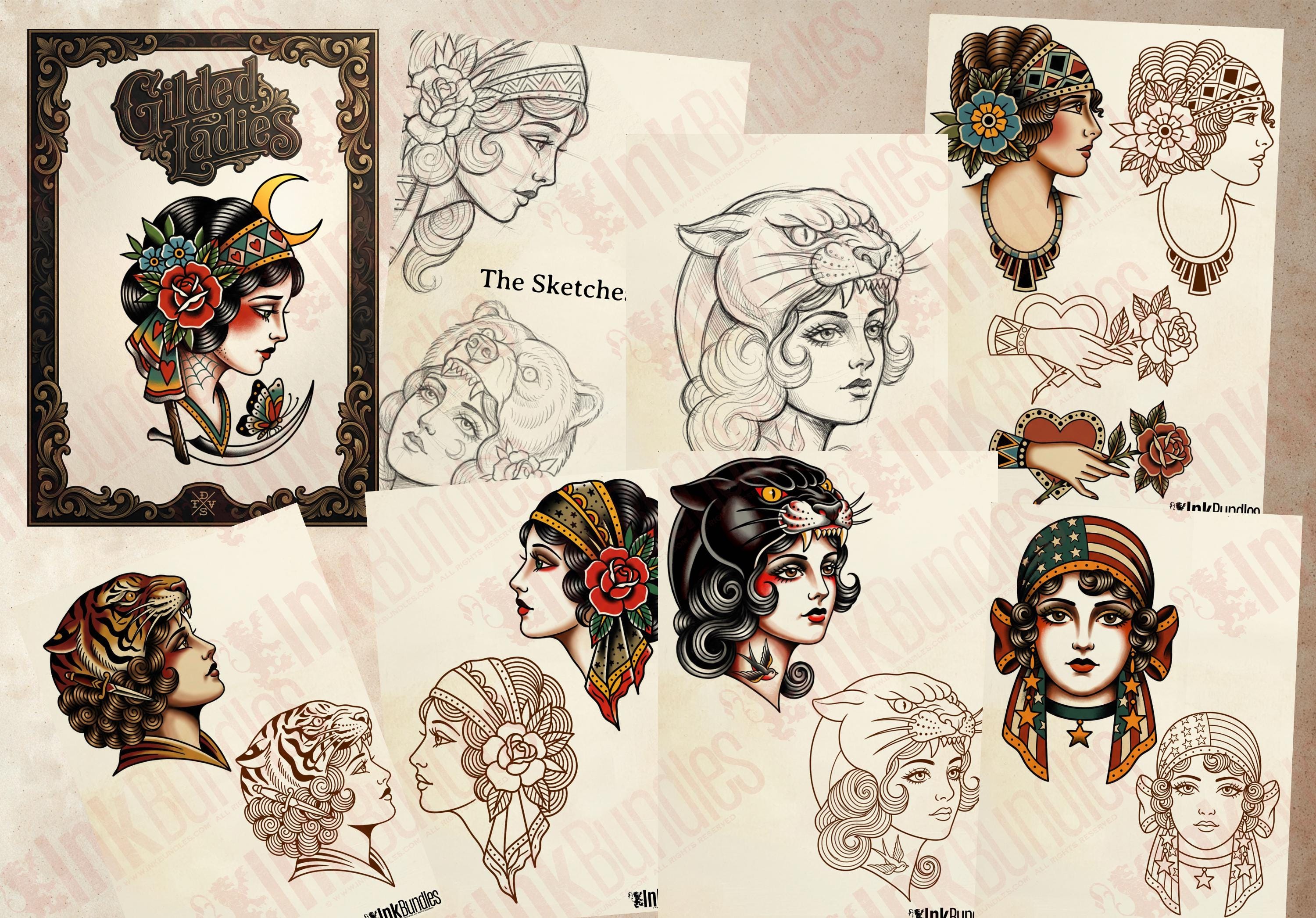 The Gilded Ladies - Tattoo flash art, Procreate brushset, traditional / old school Stencils & references