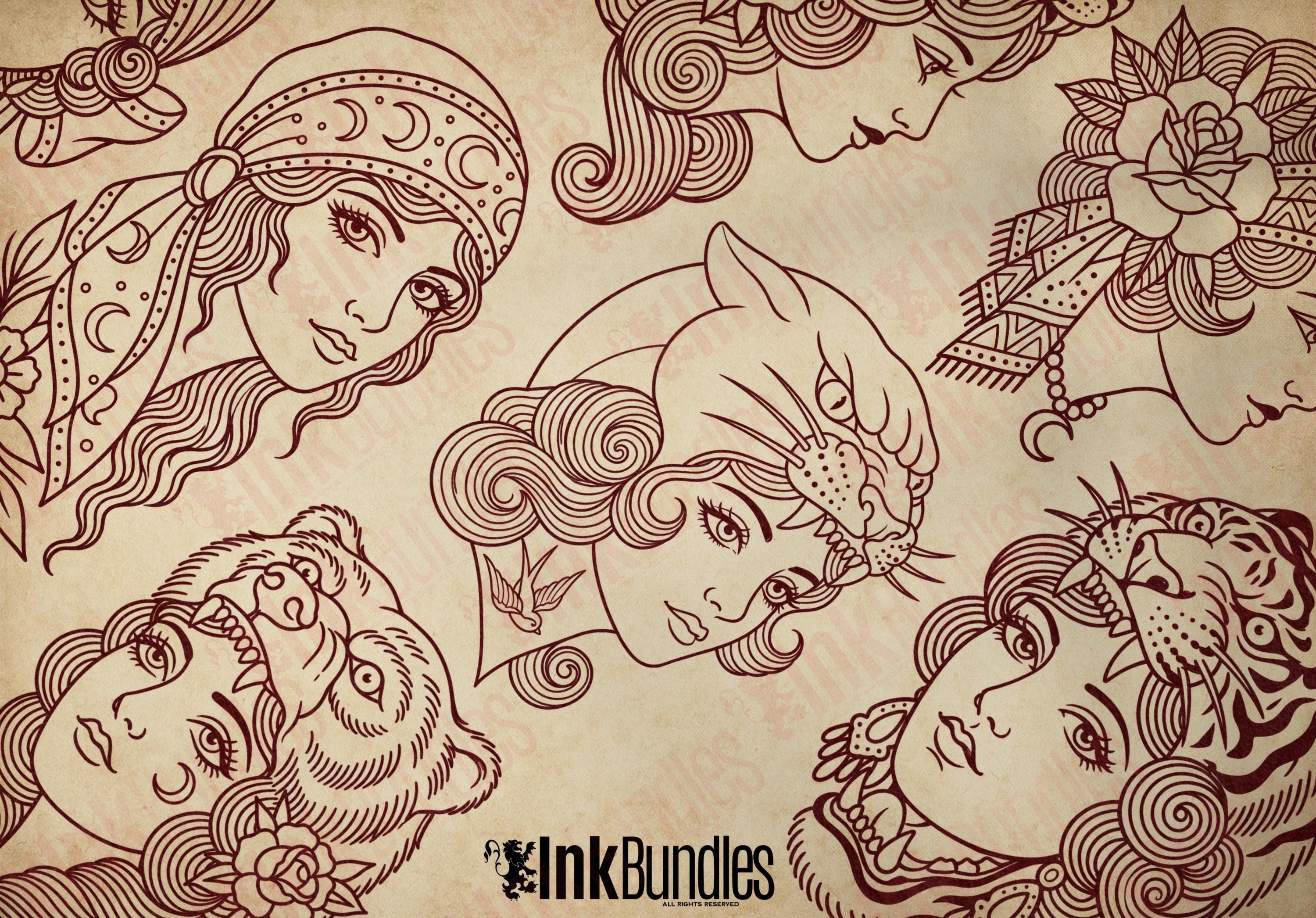 The Gilded Ladies - Tattoo flash art, Procreate brushset, traditional / old school Stencils & references